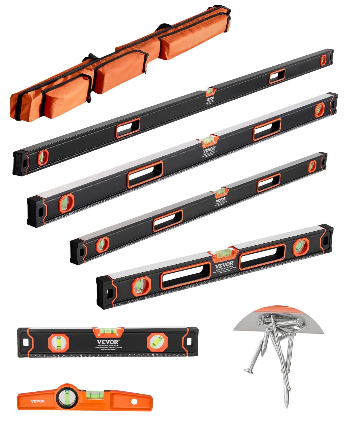 VEVOR 6-teiliges Torpedo-Wasserwaagen-Set, 78/48/32/24/16/10 Zoll, mit Magneten, Wasserwaagen für 45/90/180 Grad, Aluminiumlegierung, stoßfest, SAE und metrische Skala