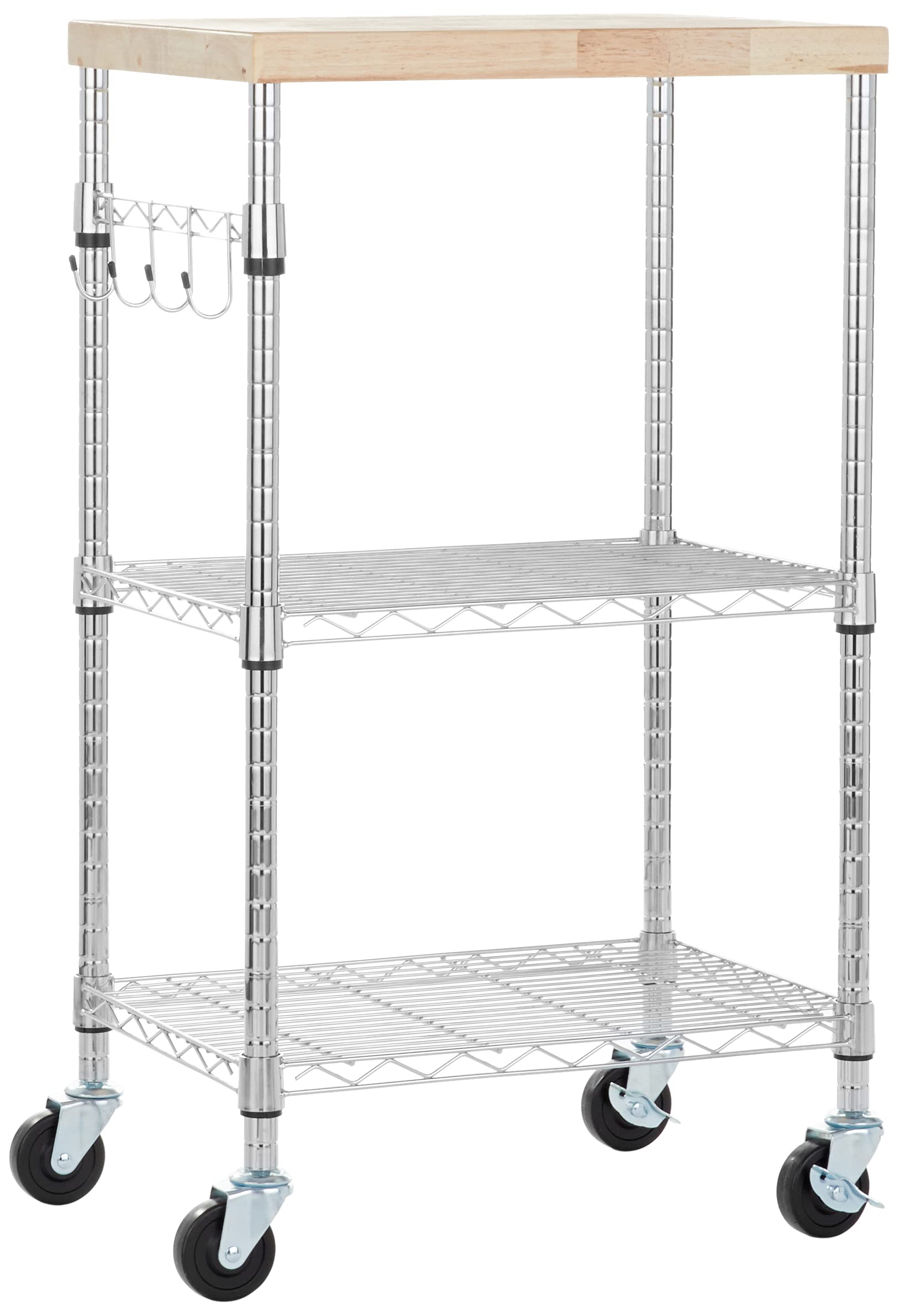 Basics Portable Kitchen 3-Tier Storage Rack on Caster Wheels with Adjustable 2 Shelves, 175 Pound Capacity, 21 x 15 x 36.7 inches (LxWxH), Wood/Chrome