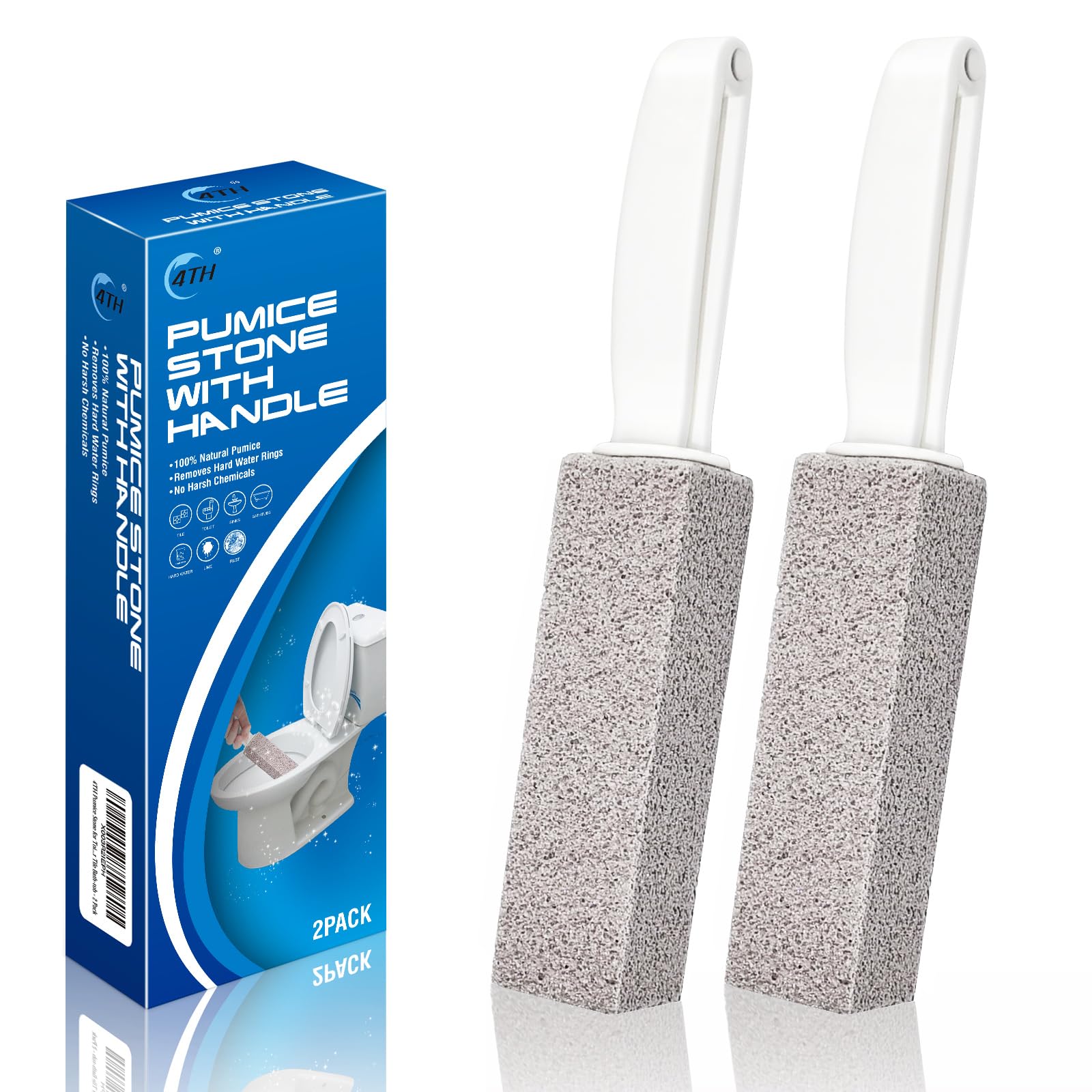 4TH Pumice Stone for Toilet Bowl Cleaning,Pumice Stick with Handle,Cleans Away Limescale Stain,Hard Water Rings, Calcium Buildup,Iron and Rust. Remover for Tile/Bath/Kitchen/Household - 2 Piece