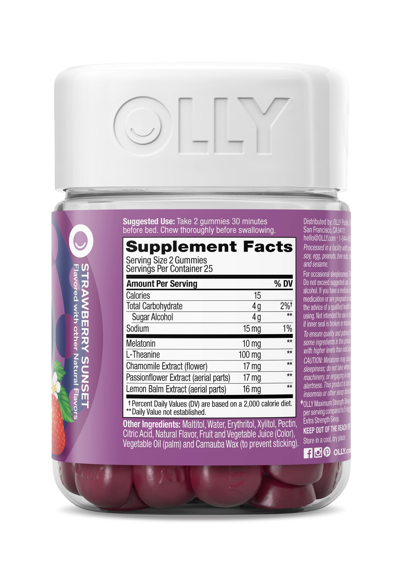 OLLY Max Strength Sleep Gummy, 10mg Melatonin, L-Theanine, Chamomile, Lemon Balm, Sugar Free, Vegetarian Sleep Aid, Strawberry - 50 Count