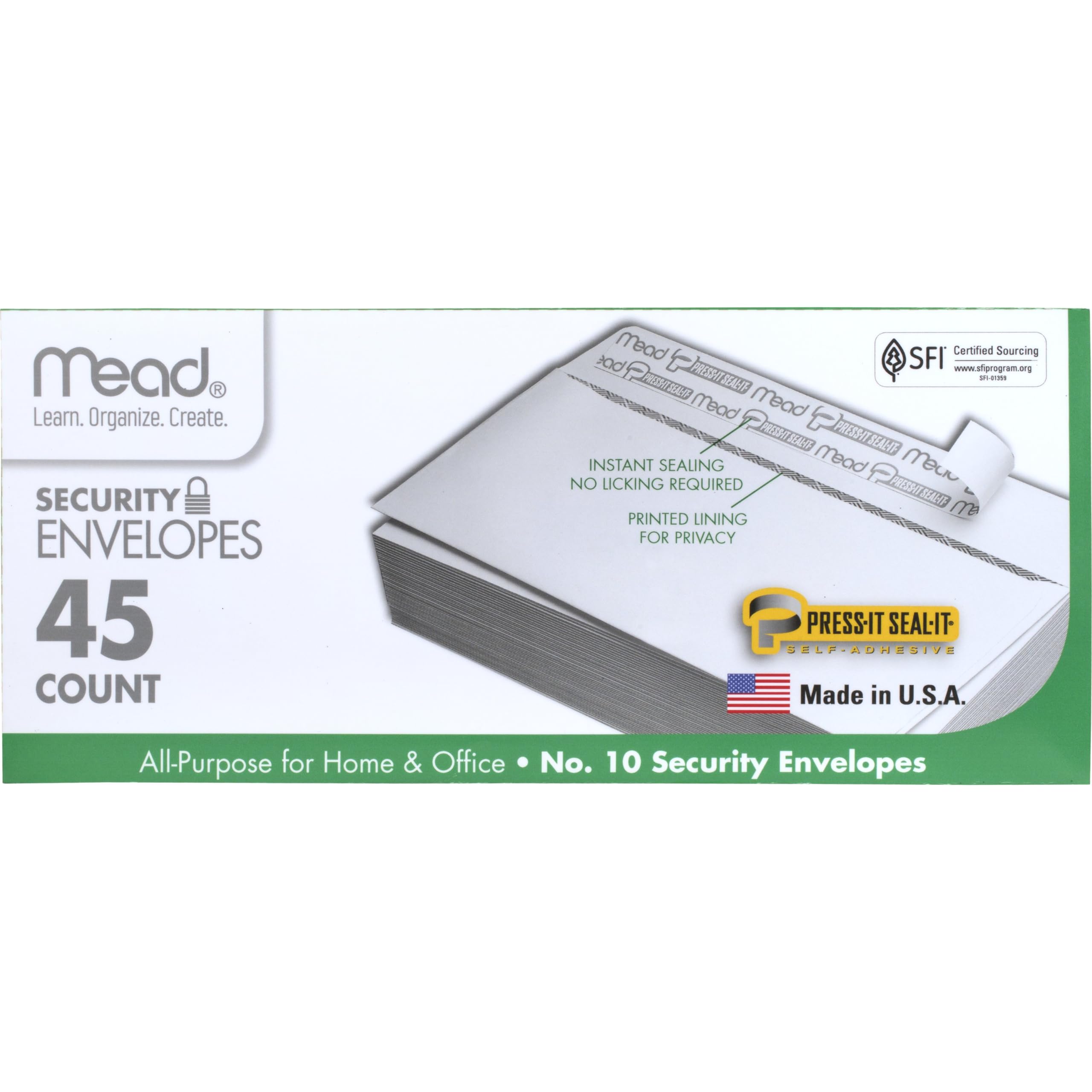 Mead #10 Security Business Envelopes Letter Size 4-1/8" x 9-1/2" – Peel and Seal, Privacy Lined, No-Window, Press-It Seal-It Self-Adhesive for Home & Office Mailing, 45 Count (75026)