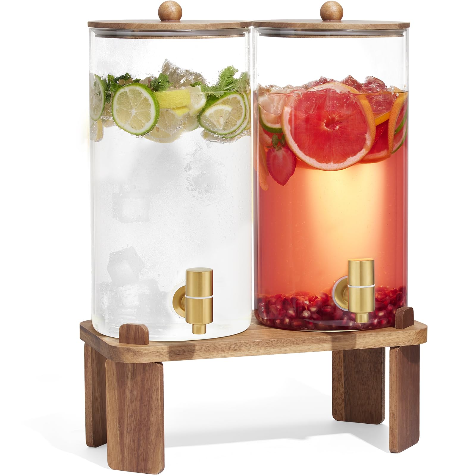 2 PCS 1.5 Gallon Drink dispenser, Glass Beverage Dispenser With Wood Stand, Large Water Drink Dispensers for Parties With Stainless Steel Spigot, Ideal for Lemonade,Juice, Tea, and Party Drinks