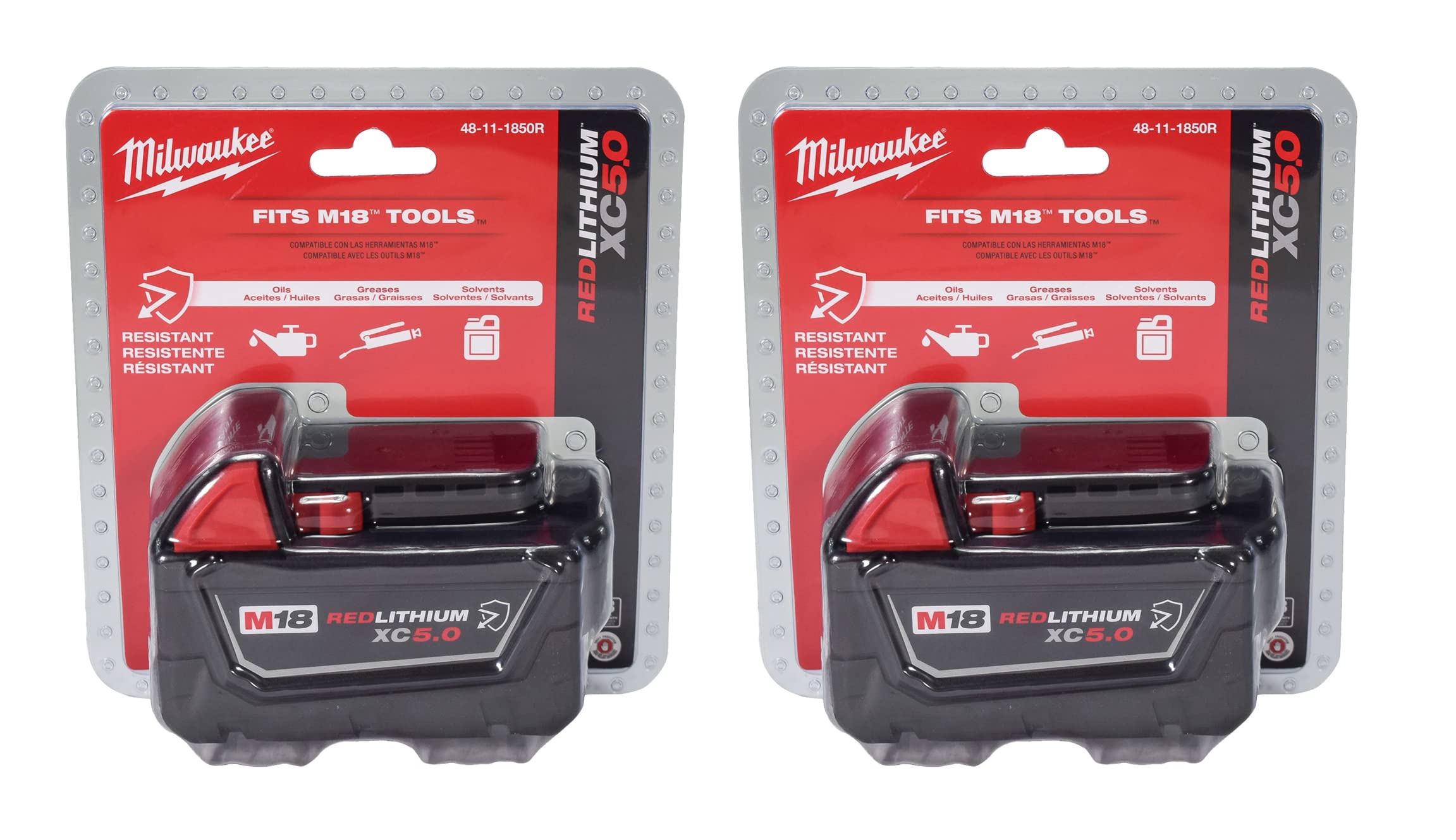 Milwaukee 48-11-1850R M18 18V 5Ah XC Akku mit erhöhter Kapazität, resistent, 2er-Pack, (48-11-1850Rx2)