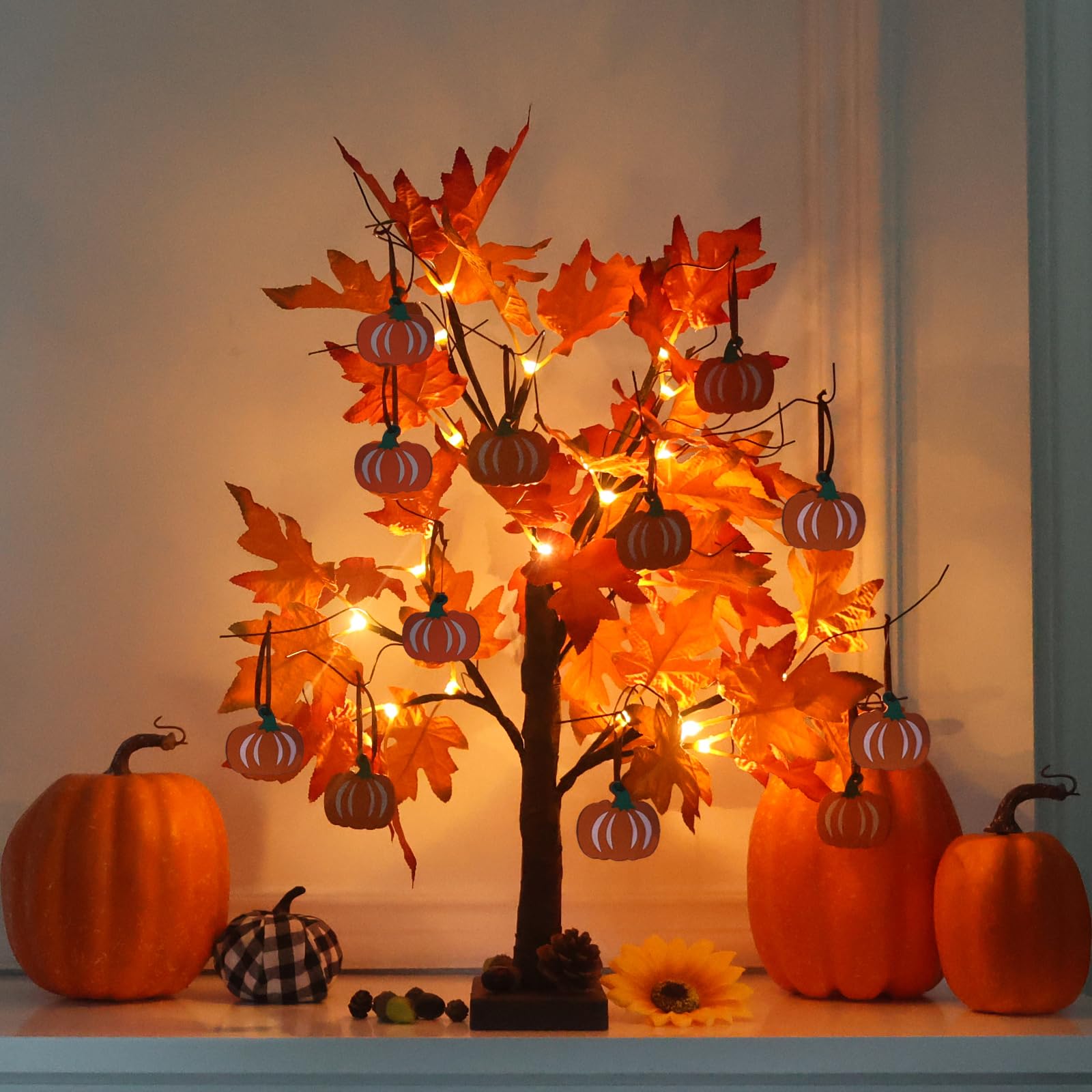 hogardeck Fall Decorations for Home, Thanksgiving Decorations, 24"2FT Lighted Maple Leaves Tree with 24 LEDs & 12 Wood Pumpkin Ornaments, Battery Powered Timer Artificial Trees for Autumn Table Decor