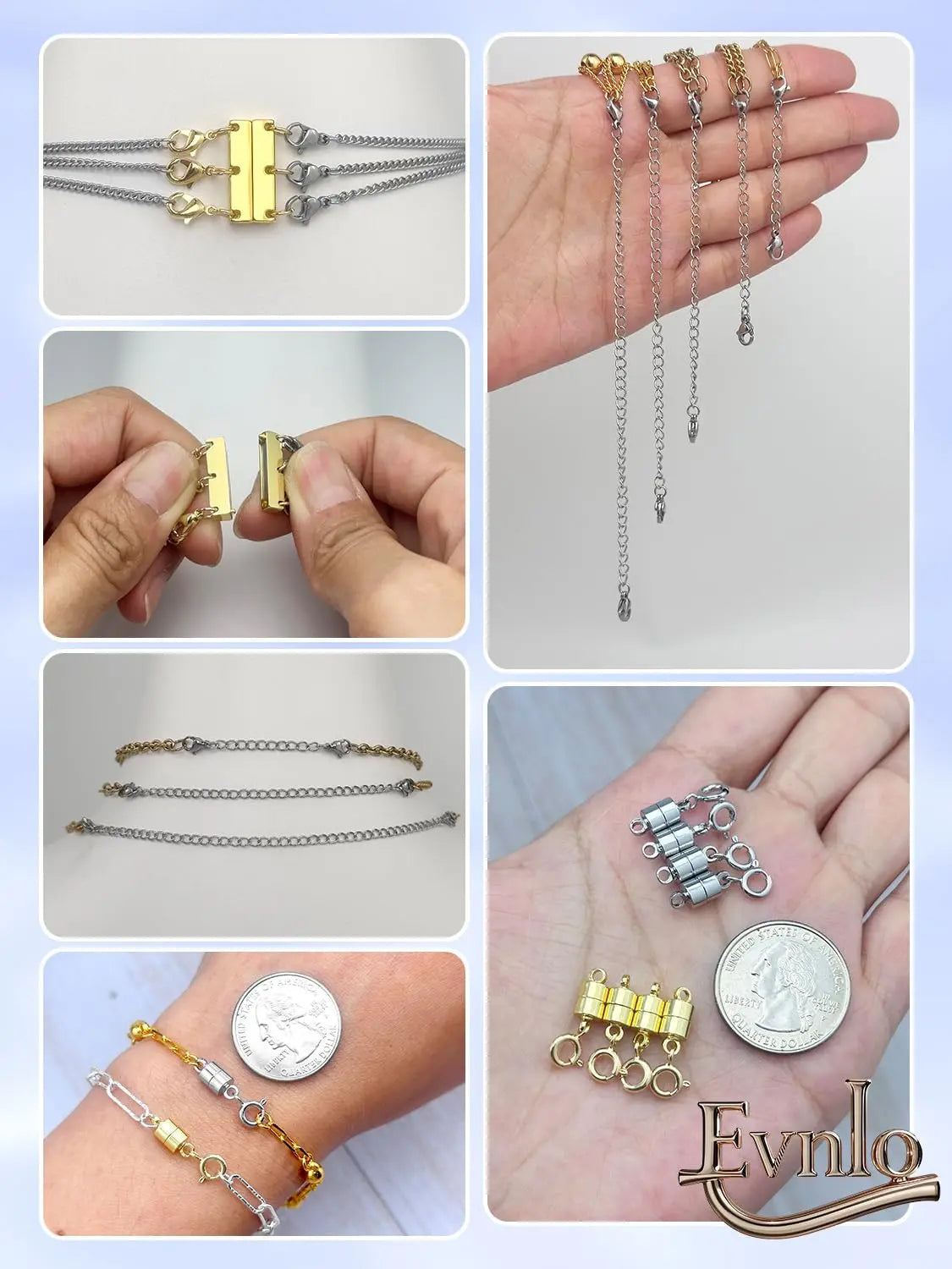 Evnlo Multi Necklace Layering Clasp and Chain Extender and Magnetic Jewelry Clasp Set, Gold and Silver Multiple Styles Necklace Extenders for Women