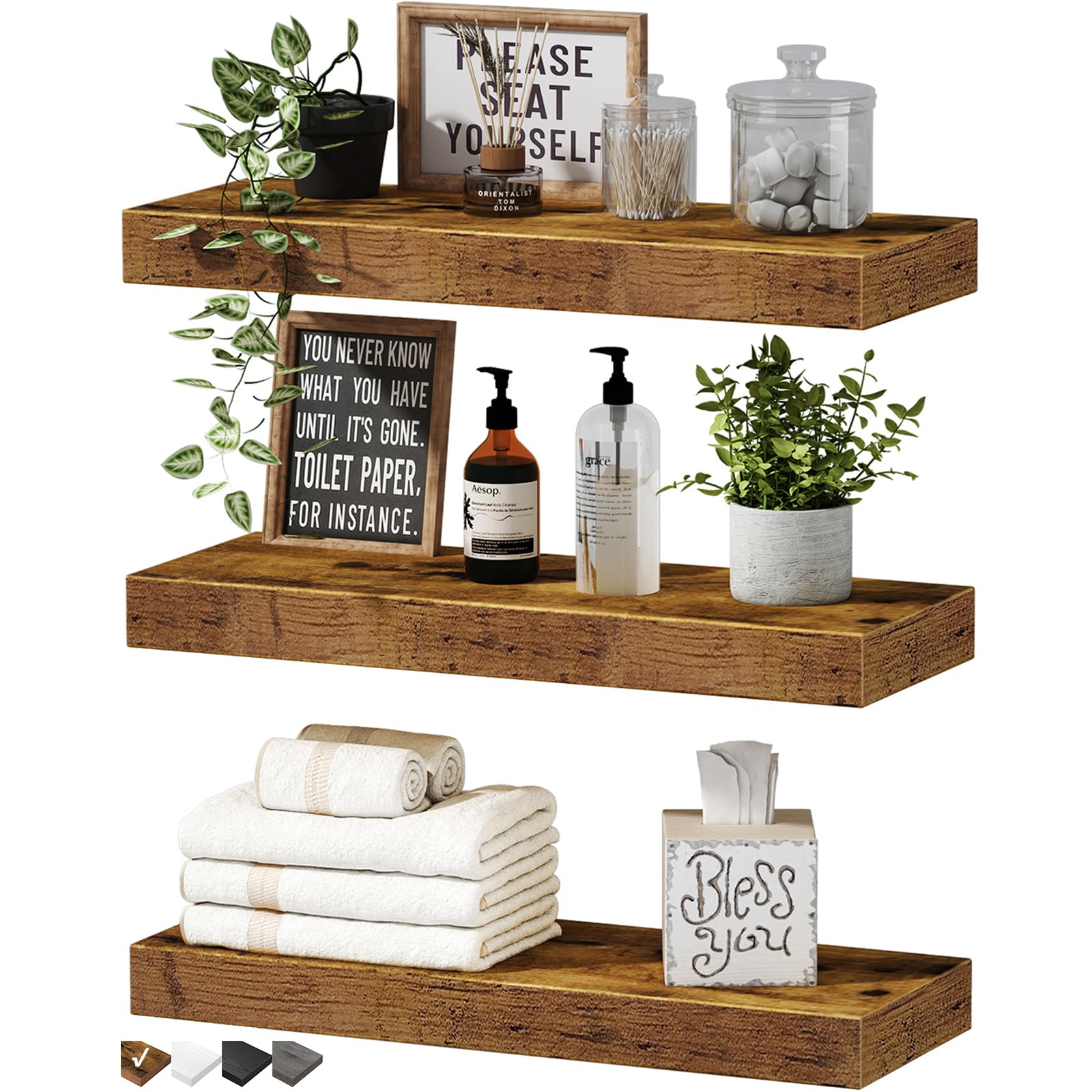 QEEIG Schwebeablagen für Wand Badezimmer Regal Schlafzimmer Küche Wohnzimmer Hängende Bücherregale Kleine Bauernhaus-Deko 40 cm 3er Set, Rustikales Braun (015-BN3)
