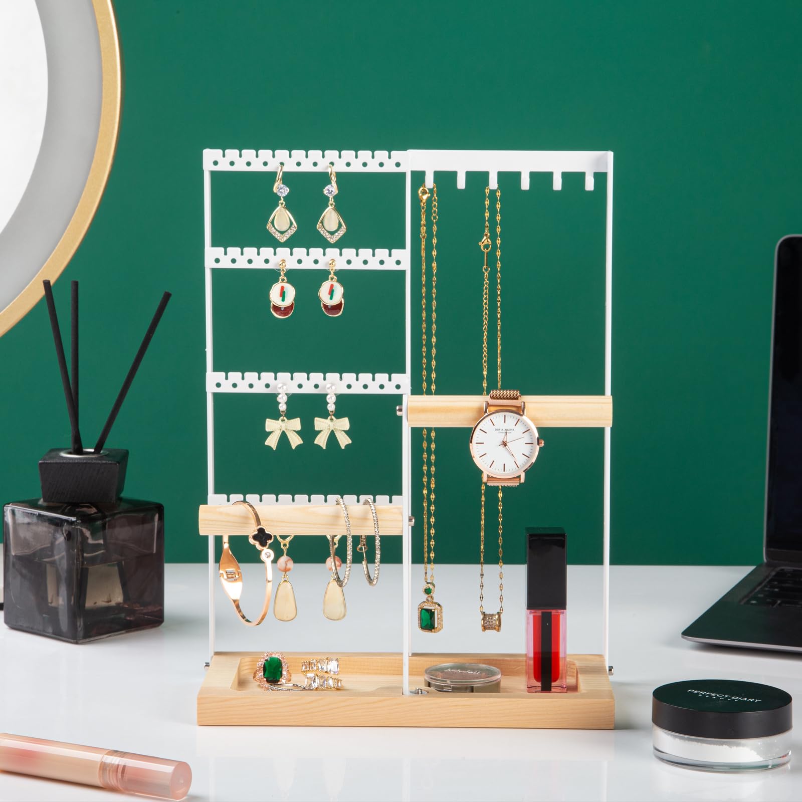 Jewelry Organizer Stand, Jewelry Holder, Lengnoy 4 Tier Earring Holder with 48 Holes and 6 Hooks Necklace Organizer Wood Box for Necklace Bracelet Earring Ring, White