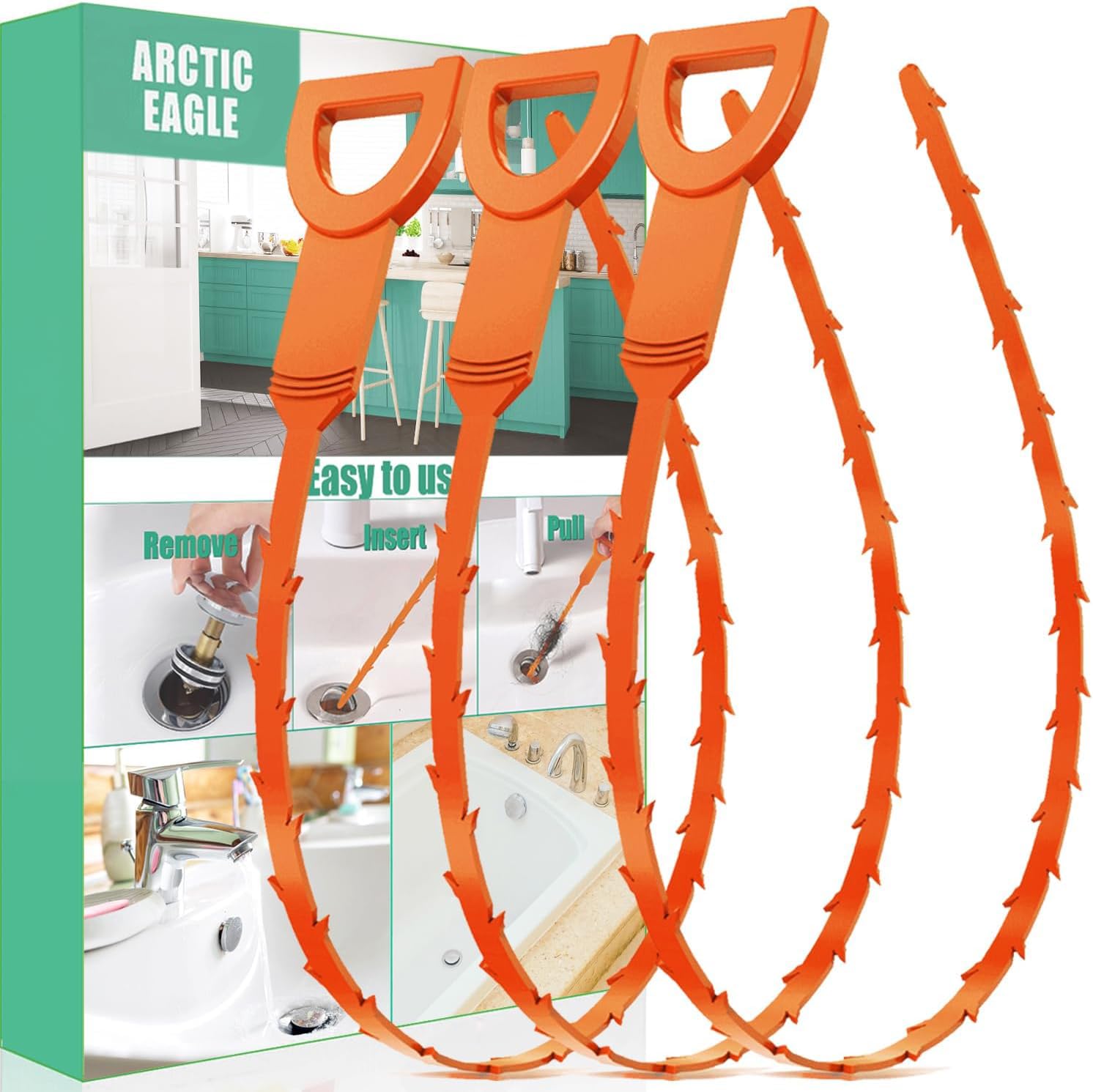 ARCTIC EAGLE Abflussreiniger Abfluss-Schlange Haar-Abflussverstopfungsentferner – 3er-Pack Duschschlangen-Spülbeckenreiniger-Werkzeug mit edler Verpackung