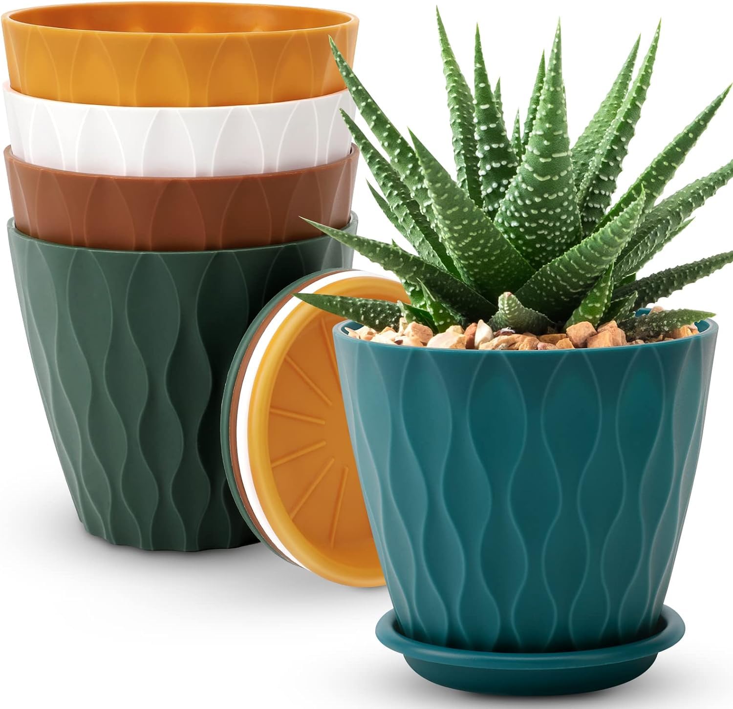 YNNICO 6 inch Plant Pots, 5 Pack Flower Pots Outdoor Indoor, Planters with Drainage Holes and Tray Saucers(Multicolor)