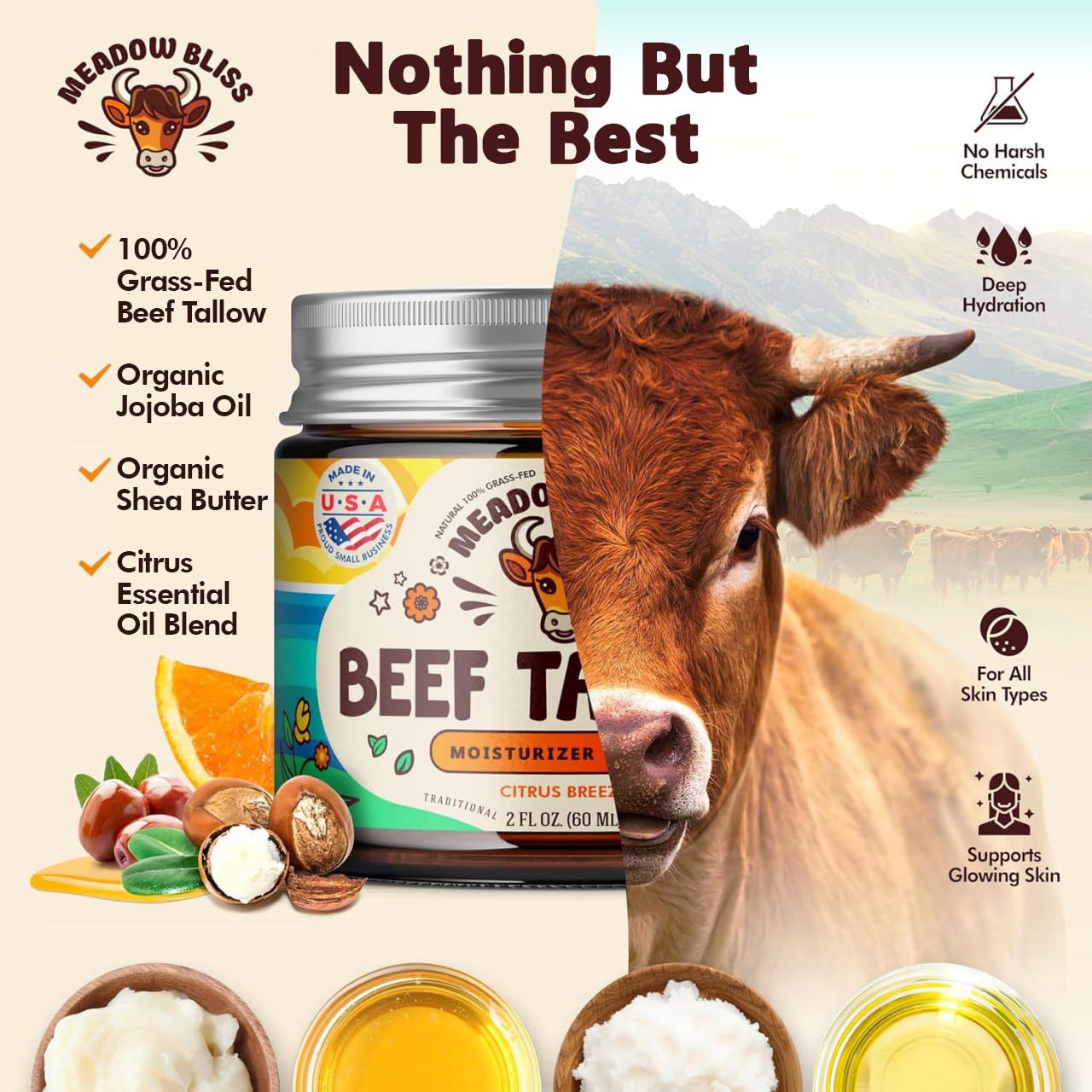 Meadow Bliss Beef Tallow for Skin - Moisturizer Cream - 100% Grass Fed - Whipped Beef Tallow - Organic Jojoba Oil - Organic Shea Butter - Supports Eczema, Rosacea+ - Made in USA - Citrus Breeze - 2 oz