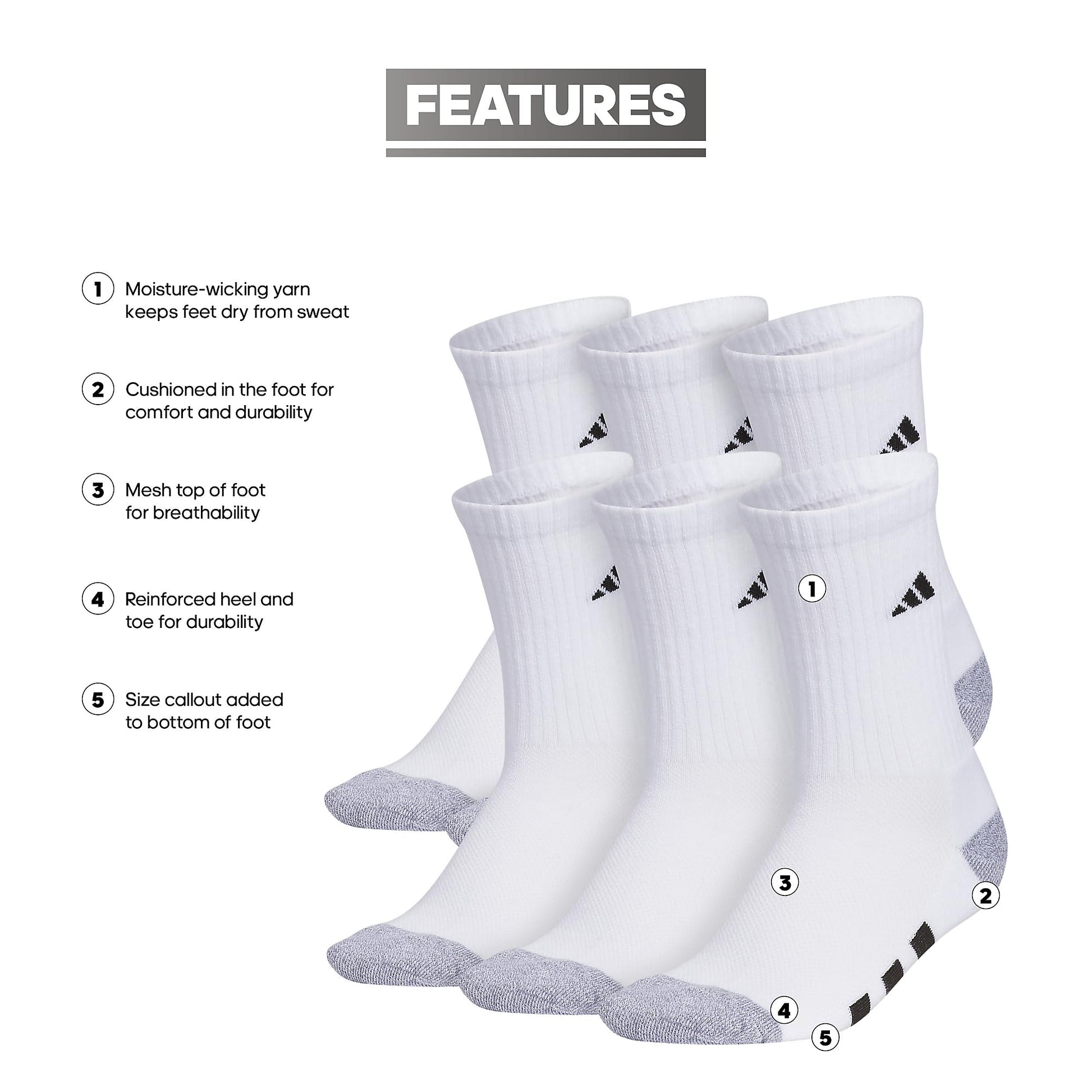 adidas Unisex Kids Crew Socks for Boys and Girls Youth (6-Pack) Athletic Cushioned and Comfortable, Tall Mid-Calf