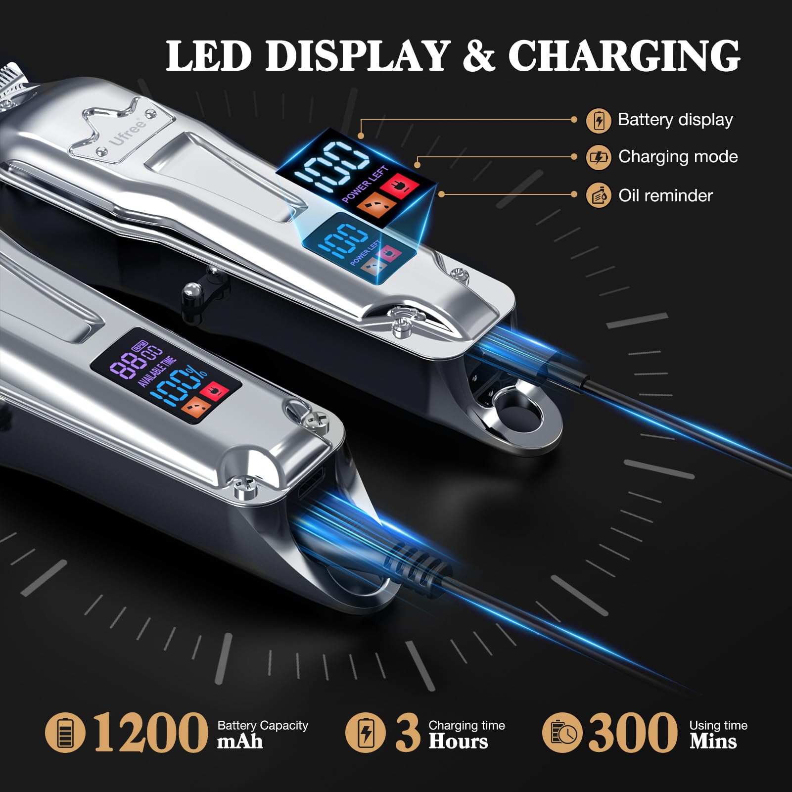 Ufree Hair Clippers for Men Professional, Barber Clippers and Trimmers Set, Cordless Hair Clippers for Hair Cutting Kit with LED Display, Electric Hair Trimmer, Gifts for Men, Silver