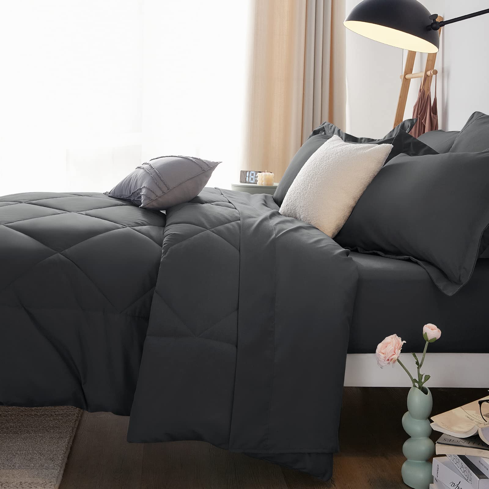 CozyLux Queen Comforter Set Dark Grey - Bed in a Bag Queen Size 7 Pieces, Luxury Soft Bed Set for All Seasons, Bedding Set with Down Alternative Comforter, Sheets, Pillowcases & Shams