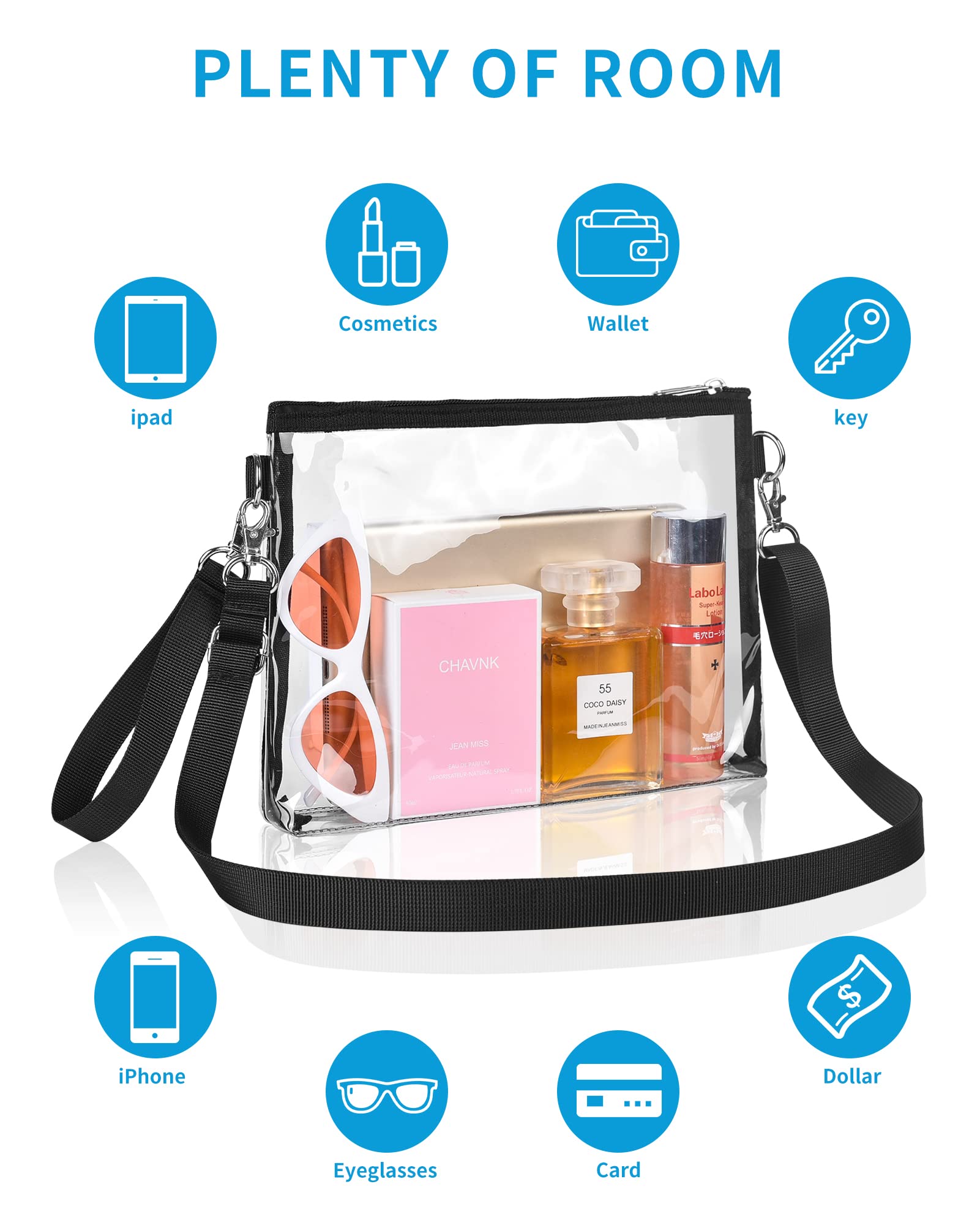 Bagenius Clear Purse Stadium Approved for Women, Transparent Clear Bag with Removable Straps, Coin Purse for Work Festival Sporting Events and Concert - Black