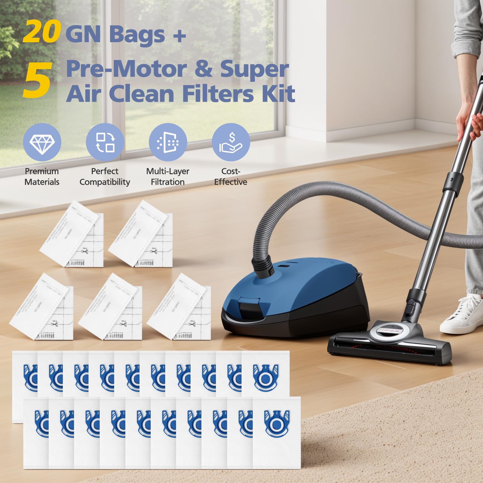 20 Pack 3D Airclean Bags Replacement for Miele GN Vacuum Cleaner Bags for Miele Classic C1 Complete C1 Complete C2 Complete C3 S227 S240 S270 S400 S2 S5 S8 Series