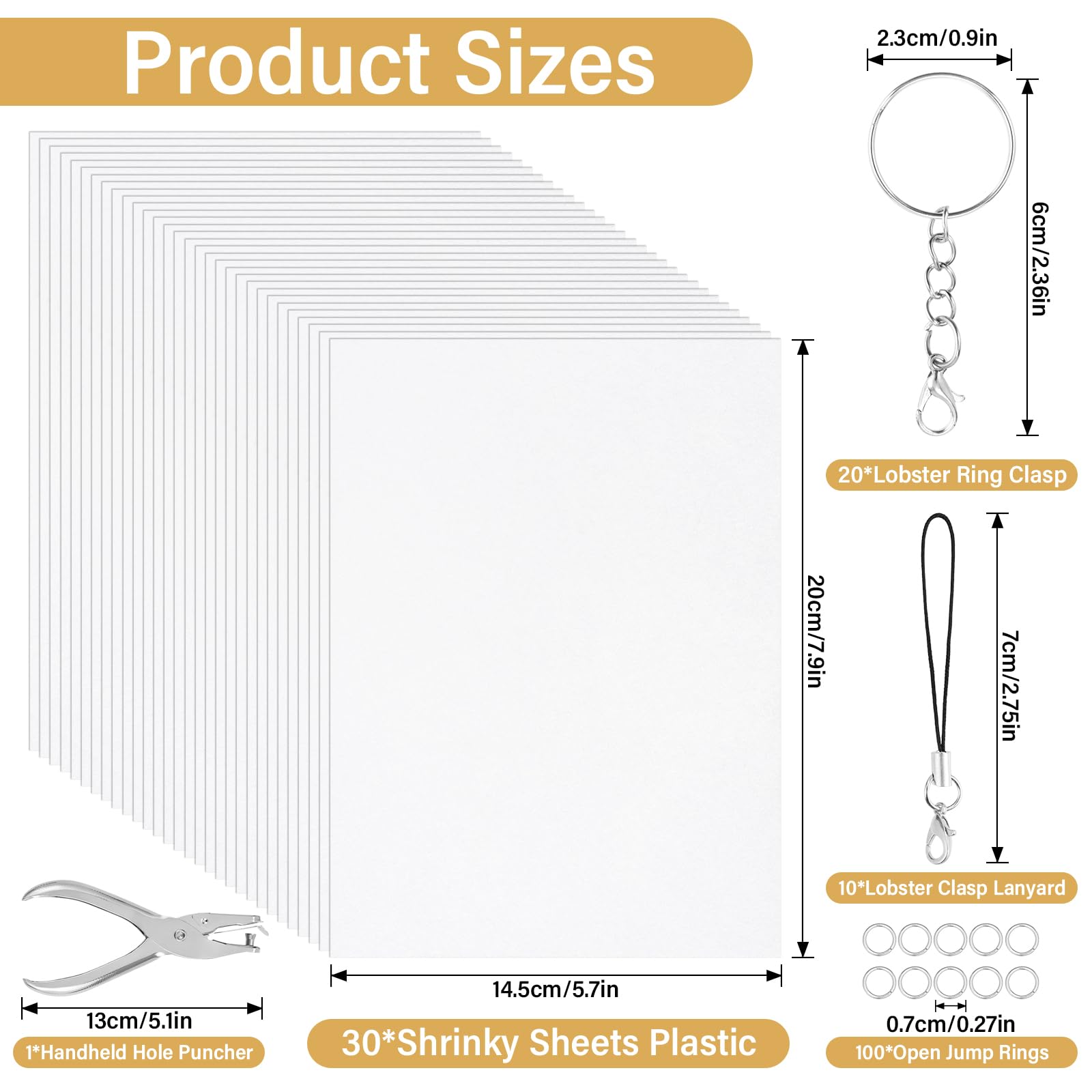 161 Pcs Shrink Paper Keychain Kit,with 30 Pcs Shrinky Plastic Sheets 7.9"x5.7",Hole Punch,Lobster Clasps,Jump Rings DIY Crafts for Adults and Teens