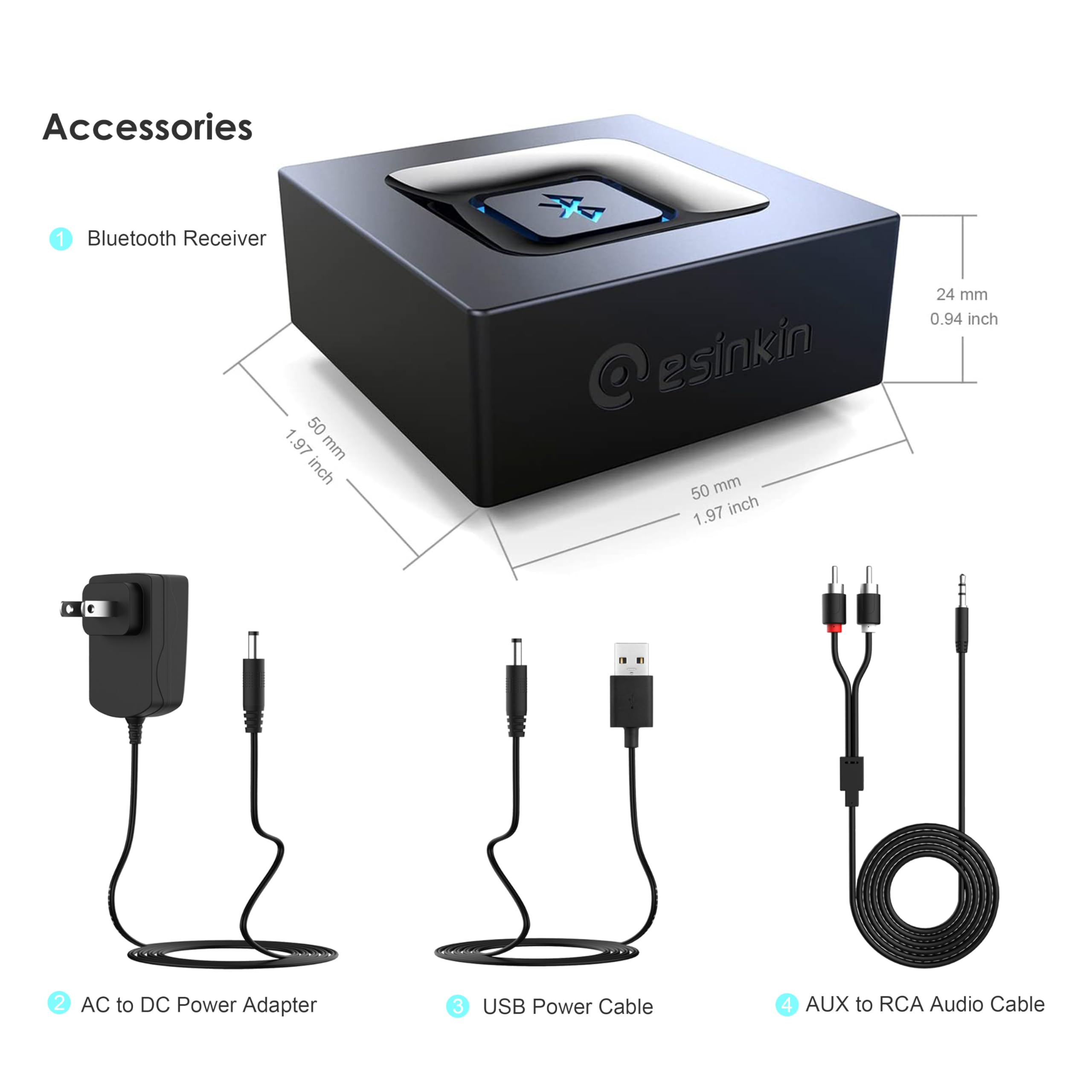 Bluetooth Audio Adapter for Music Streaming Sound System, Esinkin Wireless Audio Adapter Works with Smartphones and Tablets, Bluetooth Receiver for Home Stereo