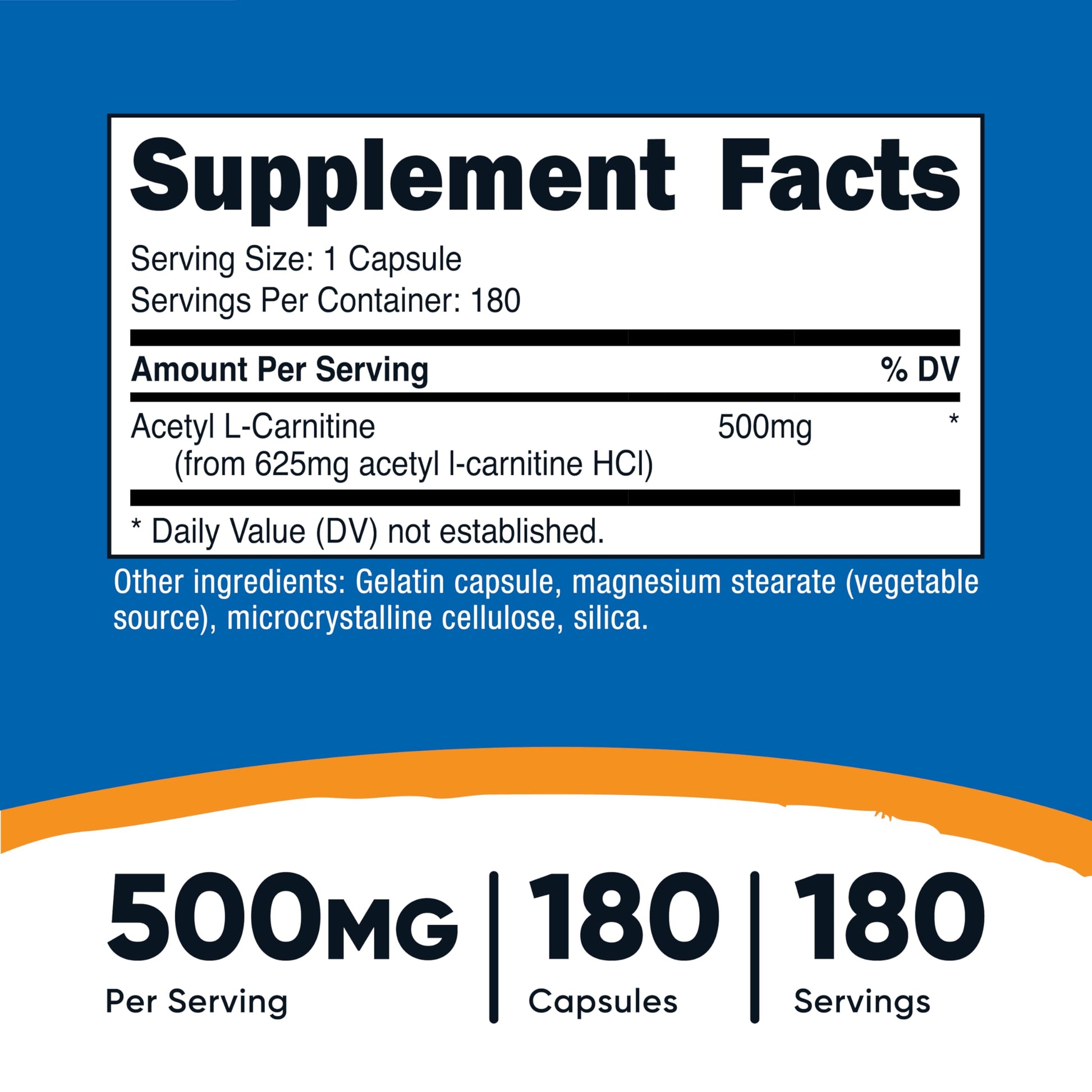 Nutricost Acetyl L-Carnitine (ALCAR) 500mg, 180 Capsules, 180 Servings - Non-GMO and Gluten Free, 1 Capsule per Serving