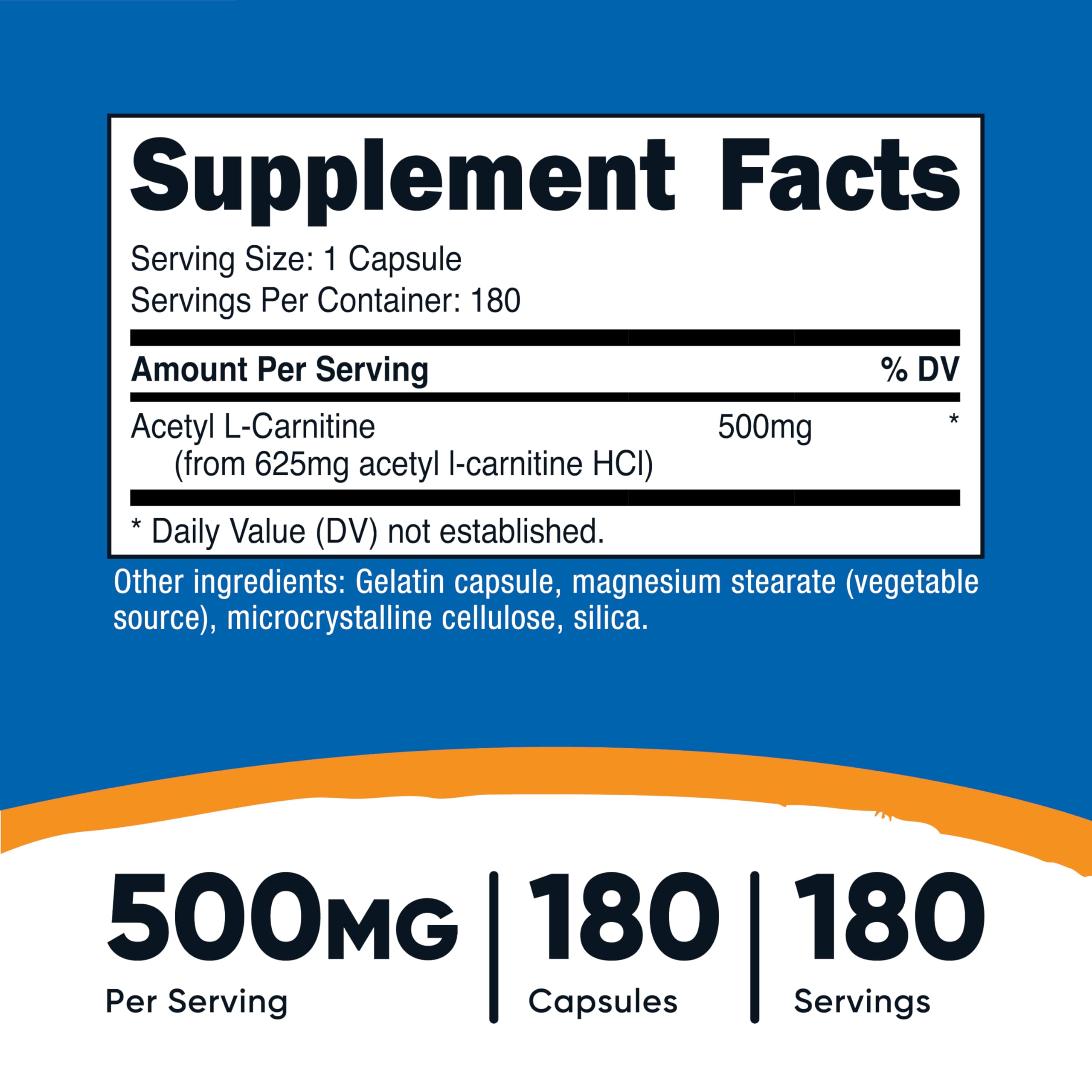 Nutricost Acetyl L-Carnitine (ALCAR) 500mg, 180 Capsules, 180 Servings - Non-GMO and Gluten Free, 1 Capsule per Serving
