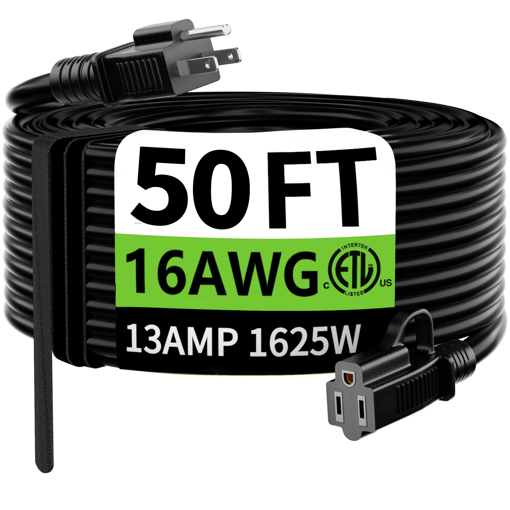 HUANCHAIN Indoor Outdoor Schwarzes Verlängerungskabel 15 m wasserdicht, 16/3 Gauge flexibles, widerstandsfähiges Geräteverlängerungskabel für den Außenbereich, 13A 1625W 16AWG SJTW, 3-poliges Hochleistungs-Elektrokabel, ETL-gelistet