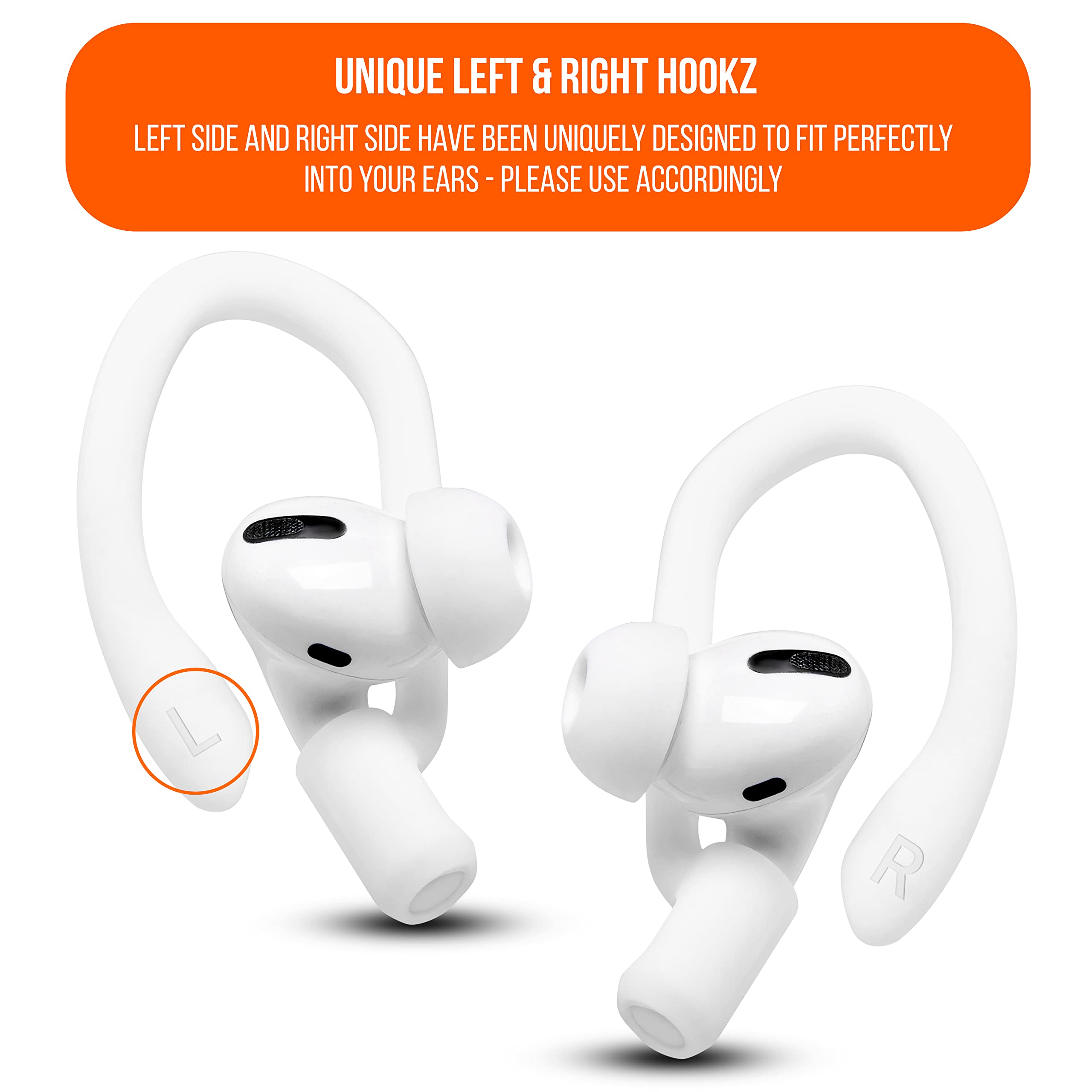 WC HookZ - Patented Upgraded Over Ear Hooks for AirPods Pro 1, 2 & AirPods 1, 2 & 3- Two Size Pairs Included in Package, Unique Left & Right Hook, Made by Wicked Cushions | Winter White