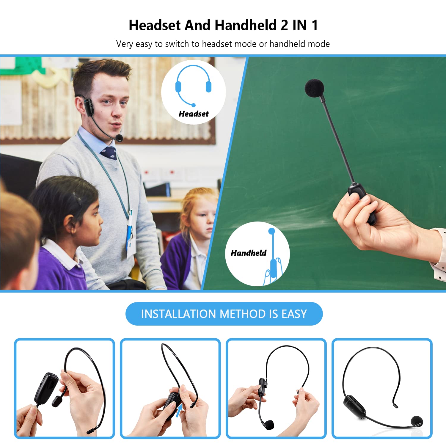 Bietrun Wireless Microphone Headset, UHF Wireless Headset Mic System, 160ft Range,1/8'' and 1/4'' Plug, for Speakers, Voice Amplifier, PA System(Not Supported AUX/iOS)