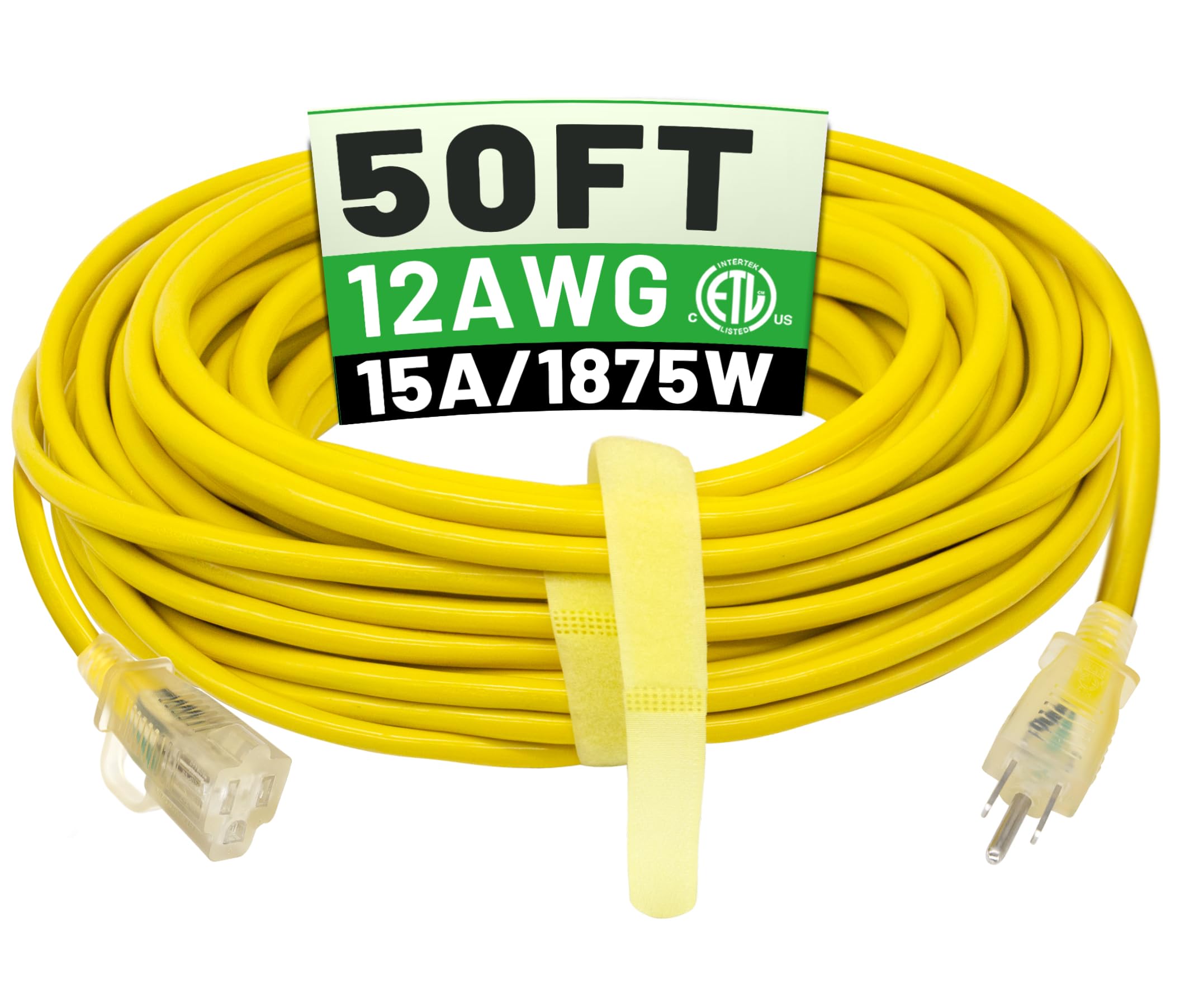 POWGRN 15 m 12/3 Outdoor Verlängerungskabel Wasserdicht Hochbelastbar mit Leuchtanzeige 12 Gauge 3-polig, Flexibles Kältebeständiges langes Stromkabel für Außenbereiche, 15A 1875W SJTW Gelb ETL-zertifiziert
