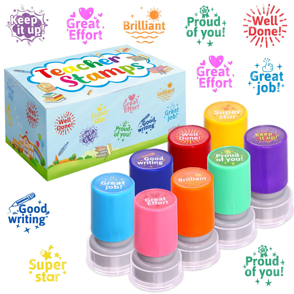 Fancy Land Teacher Stamps Self Inking for Classroom Rubber Stamp for Grading Homework Test Motivation Students Behavior Reward Supplies 8Pcs