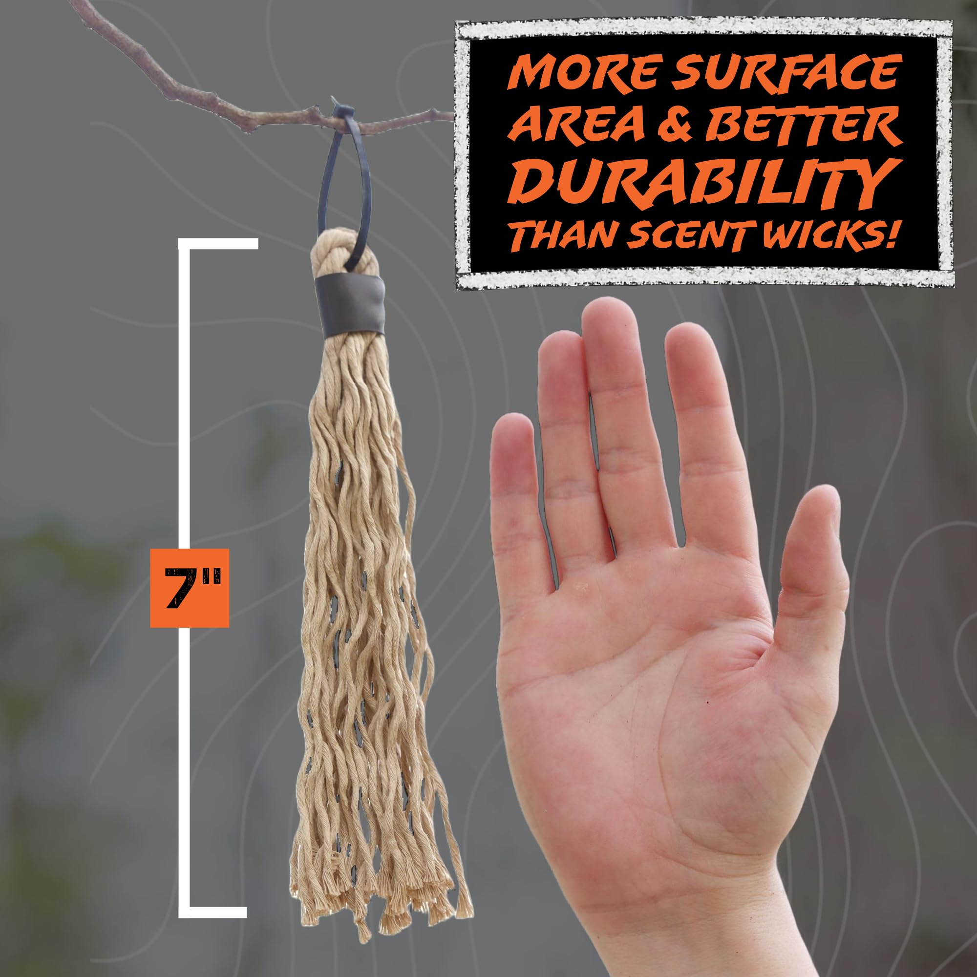 HODAG HempScent Scrape Tassels Scent Wicks for Deer Hunting – Effective Whitetail Attractant & Lure – Apply Buck or Doe Urine, Estrus for Mock Scrapes - Super Absorbent Rope Blend for Hunters (3-Pack)