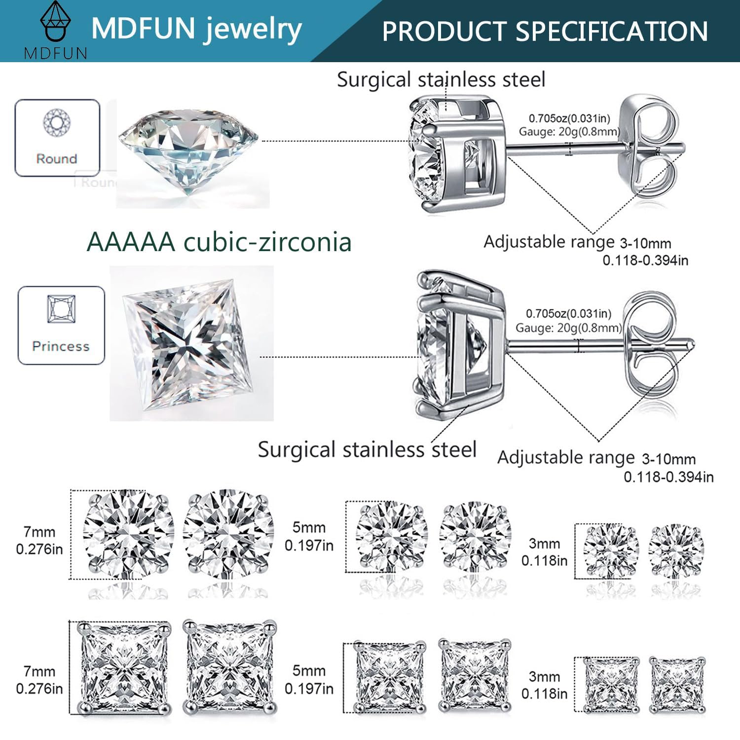 6 Pairs Earrings Set for Men 316L Stainless Steel 3/5/7mm CZ Round and Princess Square Ear Piercing Studs Hypoallergenic Jewelry (white)