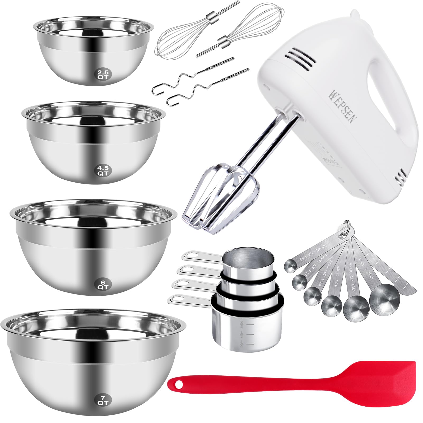 5-Gang Elektro-Handmixer, 4 große Rührschüsseln Set, Handmixer mit Rührbesen, Edelstahl-Metall-Nestsatz Schüssel Messbecher Löffel Küchen-Kuchenmixer für Backzubehör