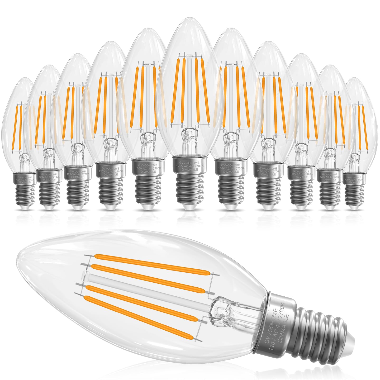 GvvooHome E12 Kerzenlampe, 40 Watt Äquivalent, E12 LED-Lampe, dimmbar, Kronleuchter-Glühbirnen, B10 Kerzenlampen 2700K Warmweiß, 90+CRI, 400LM, klares Glas, 12 Stück