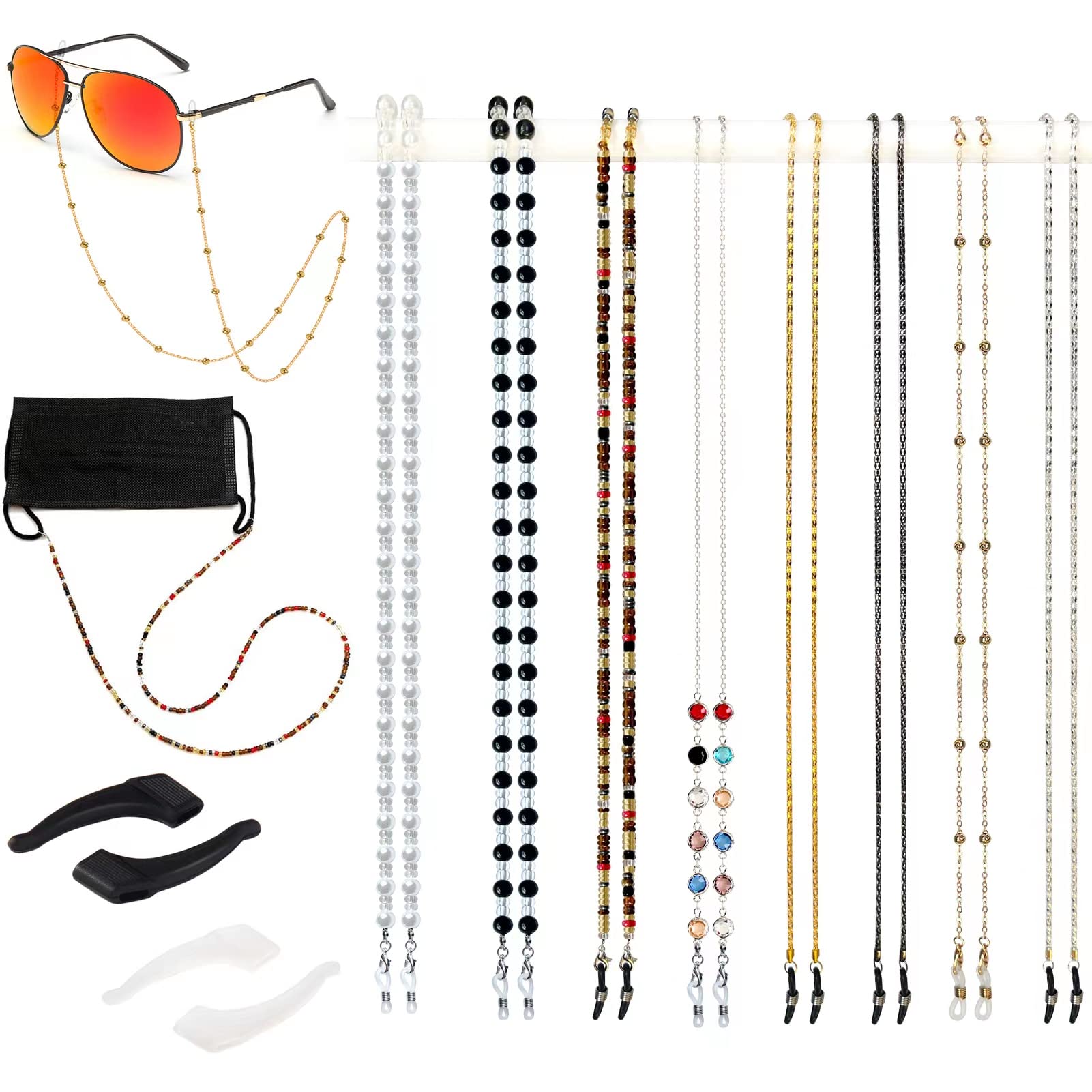 Damanse Brillenkette, 8 Stück Brillenbandhalter um den Hals für Frauen stylisch, Perlenbrillenkette Sonnenbrille Masken Halskettenband