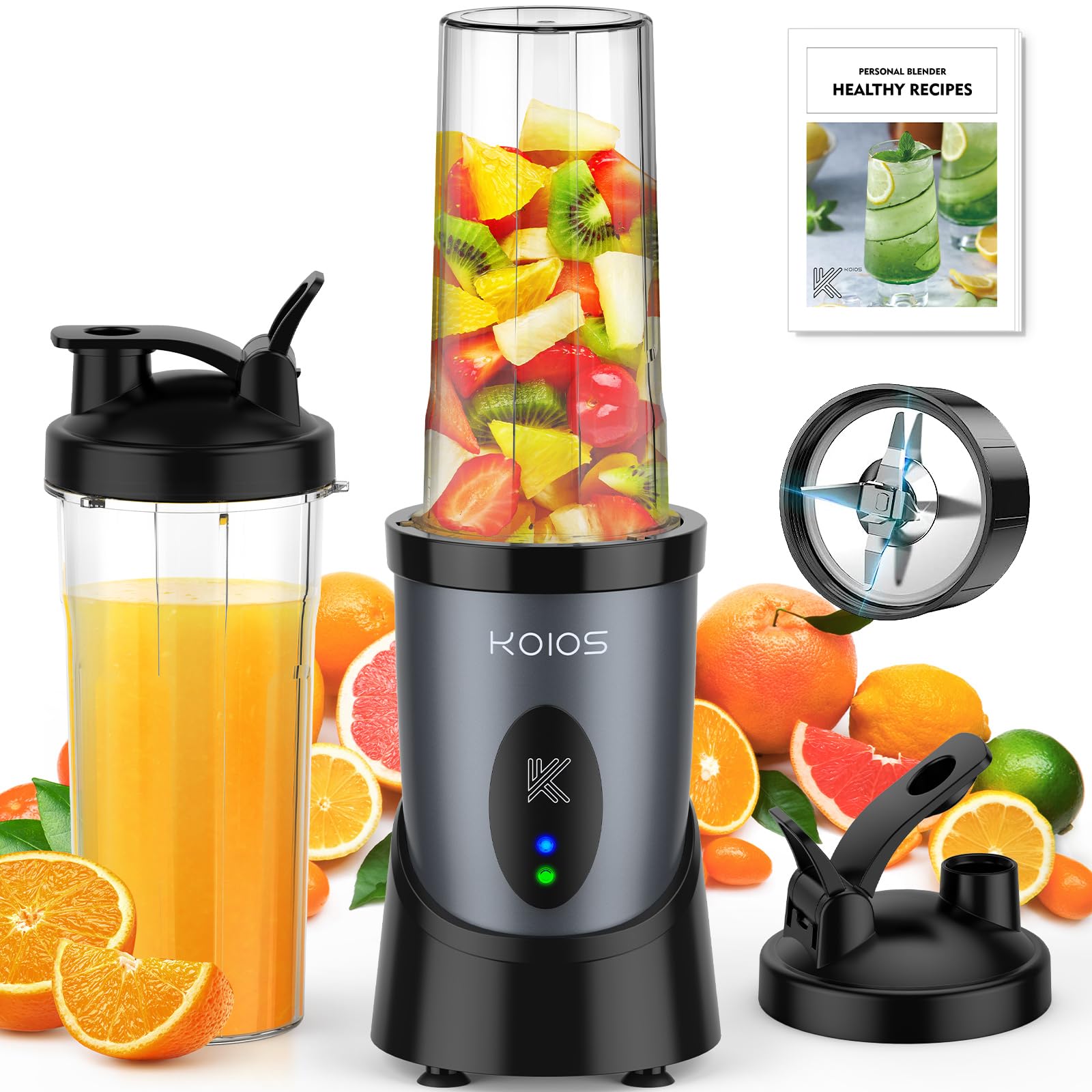 KOIOS Smoothie Blender, 900W Personal Blender for Shakes and Smoothies for Kitchen with 2 No-BPA 22oz Portable Cups, Single Serve Smoothies Maker Mixer for Juices, Nutritious Recipe (Grey Blue)