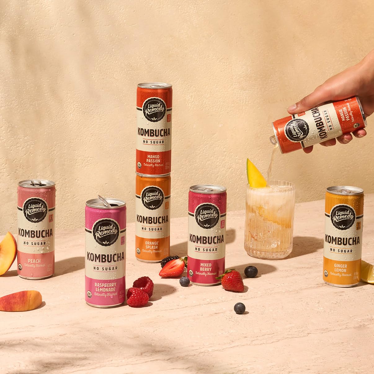 Liquid Remedy Kombucha Sugar Free Organic Drink, Low Calorie, Probiotic Like Tea for Gut Health - Super Sampler Variety Pack - 8.5 Fl Oz Can, 24-Pack