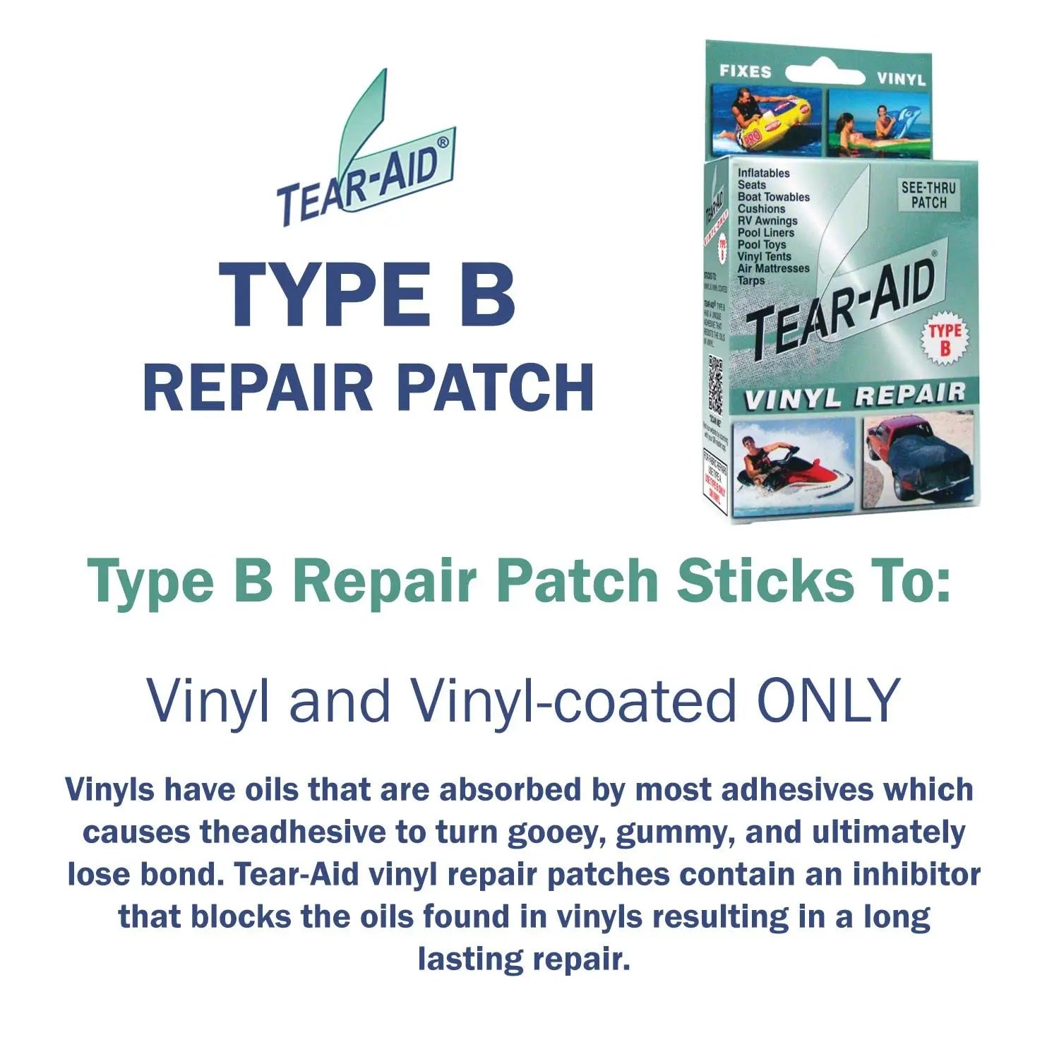 TEAR-AID Vinyl Repair Kit, Type B Clear Patch for Vinyl and Vinyl-Coated Materials, Works on Vinyl Tents, Awnings, Air Matresses, Pool Liners & More, Green Box, Single Pack