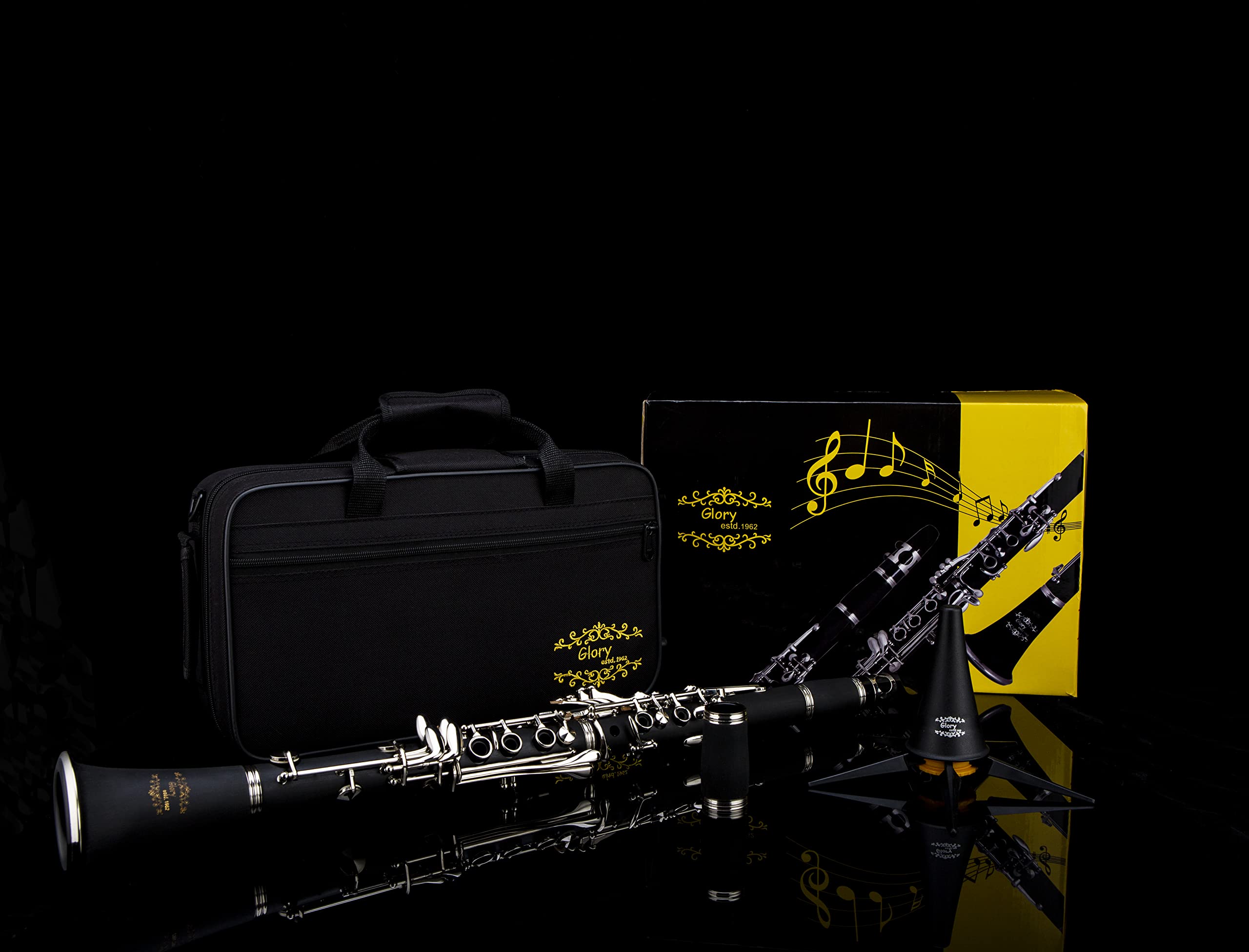 Glory GLY-PBK Professional Ebonite Bb Clarinet with 10 Reeds, Stand, Hard Case, Cleaning Cloth, Cork grease, Mouthpiece Brush and Pad Brush, Black