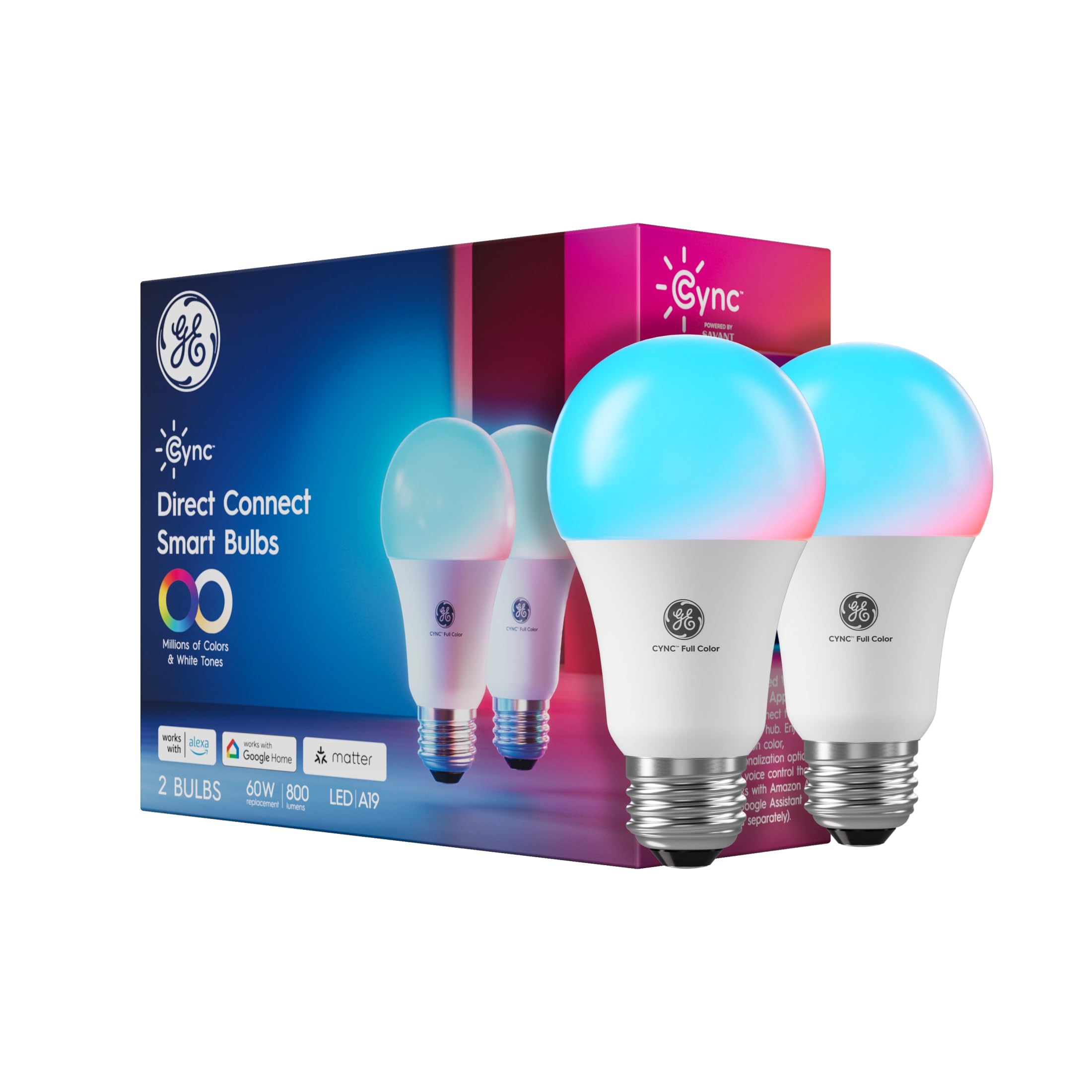 Cync GE A19 Smarte LED-Glühbirnen, farbwechselnde WLAN-Leuchten für Raumgestaltung, LED-Innenbirne, kompatibel mit Alexa und Google (2er-Pack)