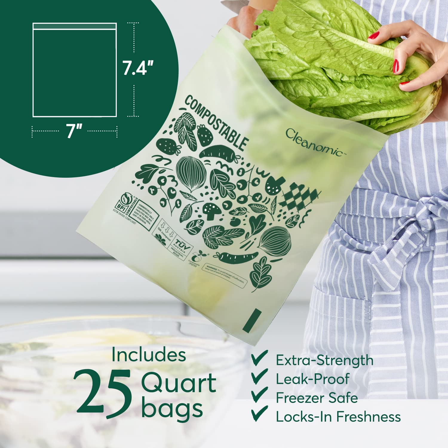 Cleanomic Compostable* Quart Size Food Storage Bags (25 Eco Zip) Freezer and Leak Proof, Also Available Gallon, Snack and Sandwich Size Bags