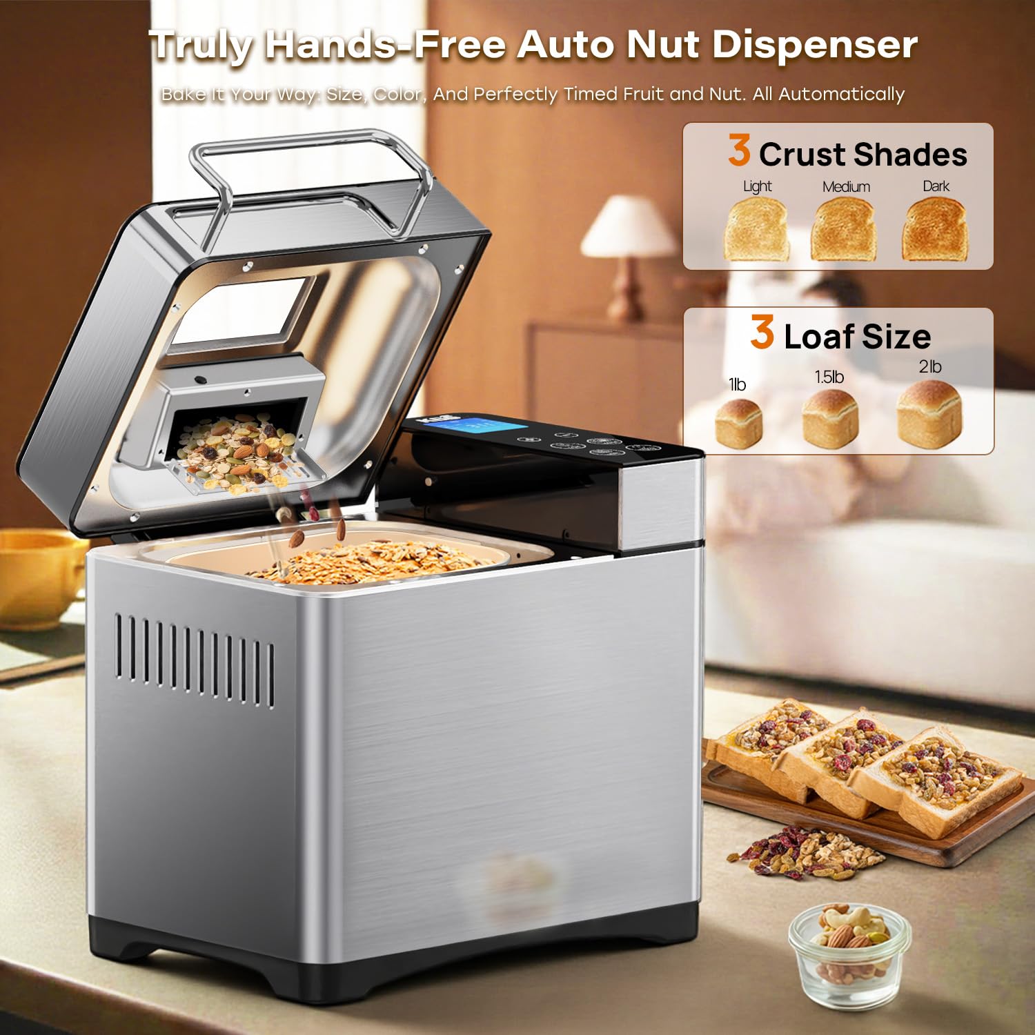 KBS Pro Stainless Steel Bread Machine, 2LB 17-in-1 Programmable XL Bread Maker with Fruit Nut Dispenser, Nonstick Ceramic Pan& Digital Touch Panel, 3 Loaf Sizes 3 Crust Colors, Reserve& Keep Warm Set