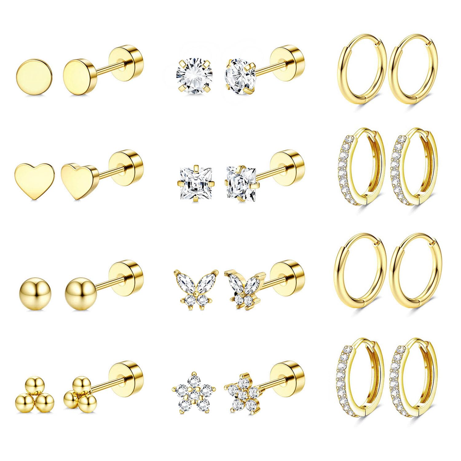 Jstyle Hypoallergenic Surgical Steel Earrings for Sensitive Ears 14K Gold Flat Back Earrings for Women Men Small Stainless Steel Earrings Flatback Stud Hoop Cartilage Earring Set for Multiple A