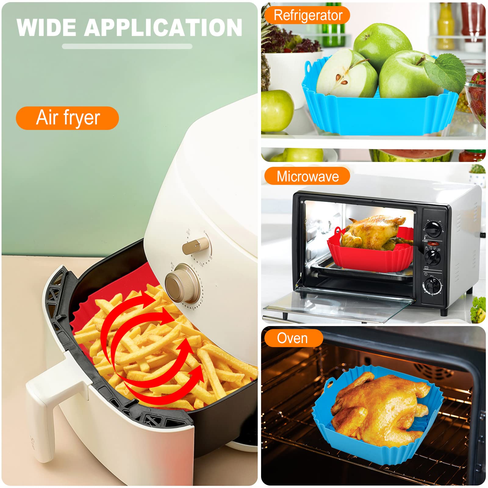 Boribim 2 PCS Square Silicone Air Fryer Liners - 8 Inch Reusable Air Fryer Pot - Air Fryer Accessories - Air Fryer Inserts for 4 to 7 QT Oven Microwave Accessories (Red + Blue)