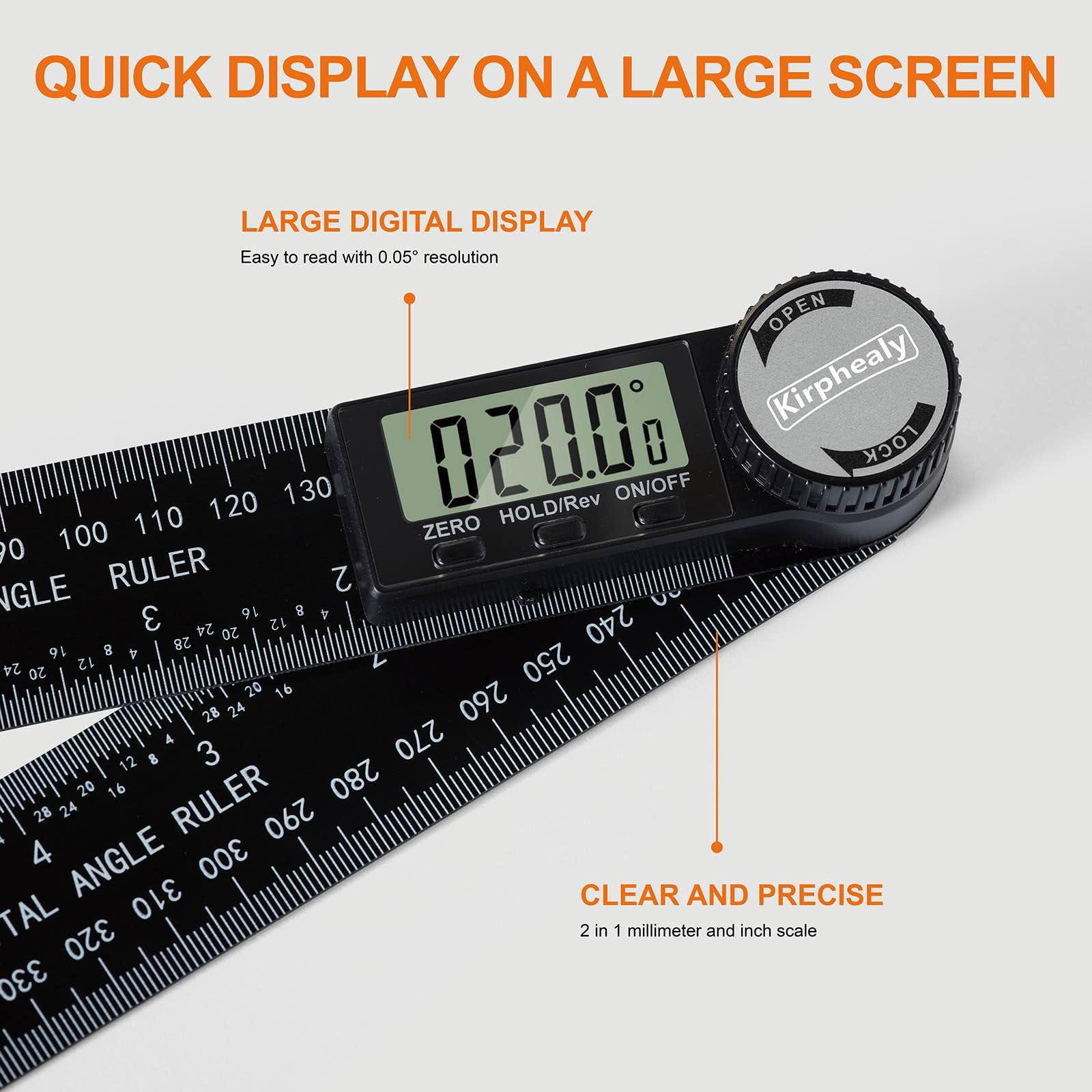 Kirphealy Digital Angle Finder Protractor, 7inch 200mm Angle Gauge Professional Measuring Tool, Third Generation Adjustable Angle Ruler, Quick Display for Carpentry Construction and Home Improvement