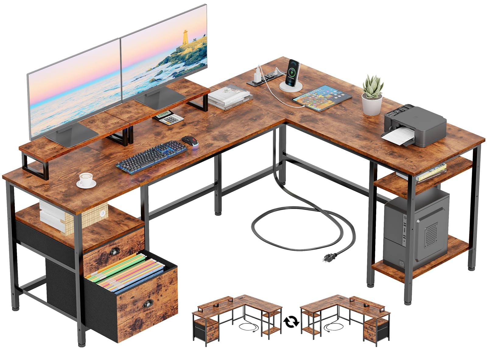 Furologee 66" L Shaped Desk with Power Outlet, Reversible Computer Gaming Desk with File Drawer & 2 Monitor Stands for Home Office with Storage Shelves, Rustic Brown