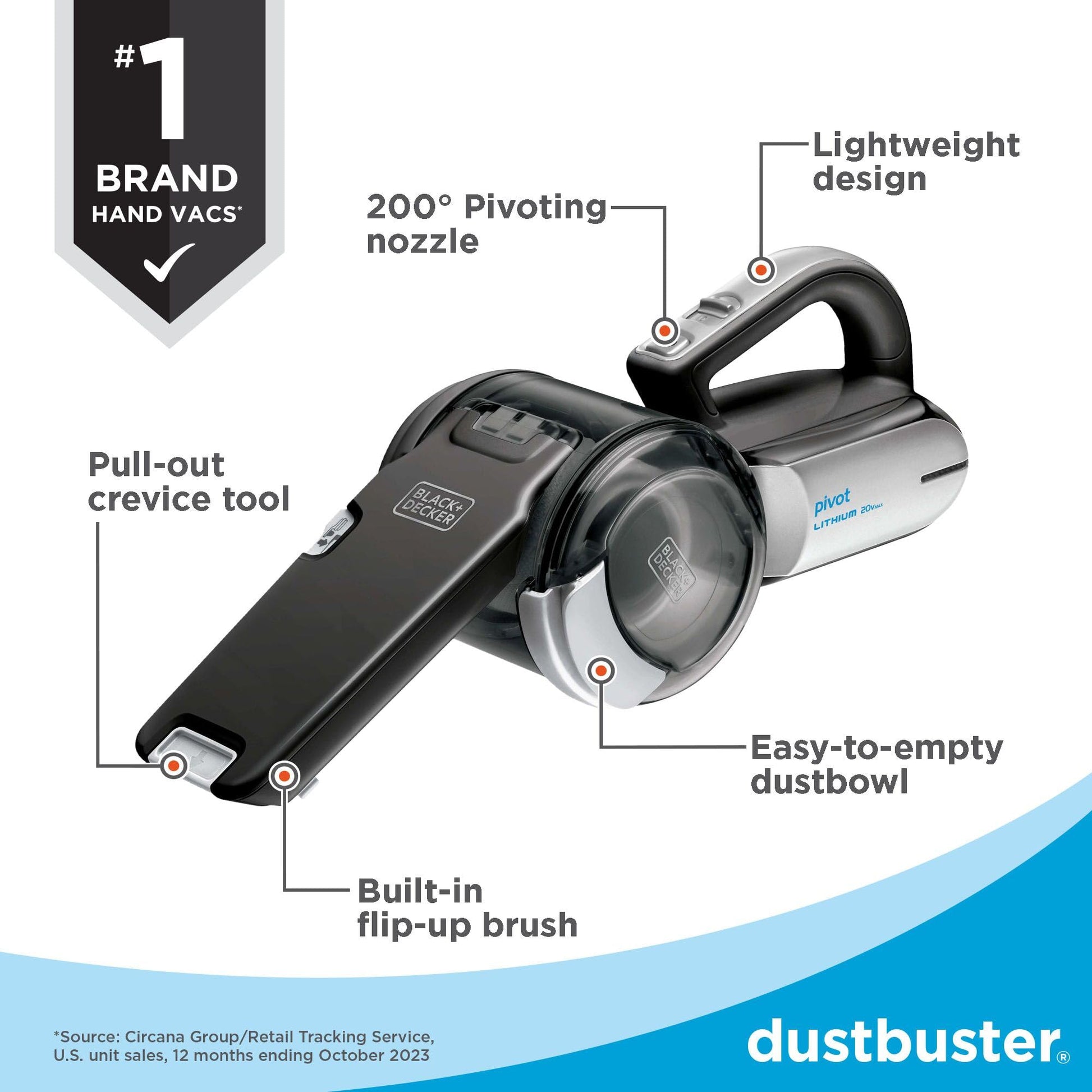 BLACK+DECKER dustbuster PIVOT VAC Handheld Vacuum Cordless, Hand Vacuum for Dorm, Car and Home, Portable with Crevice Tool and Pivot Nozzle (BDH2000PL)