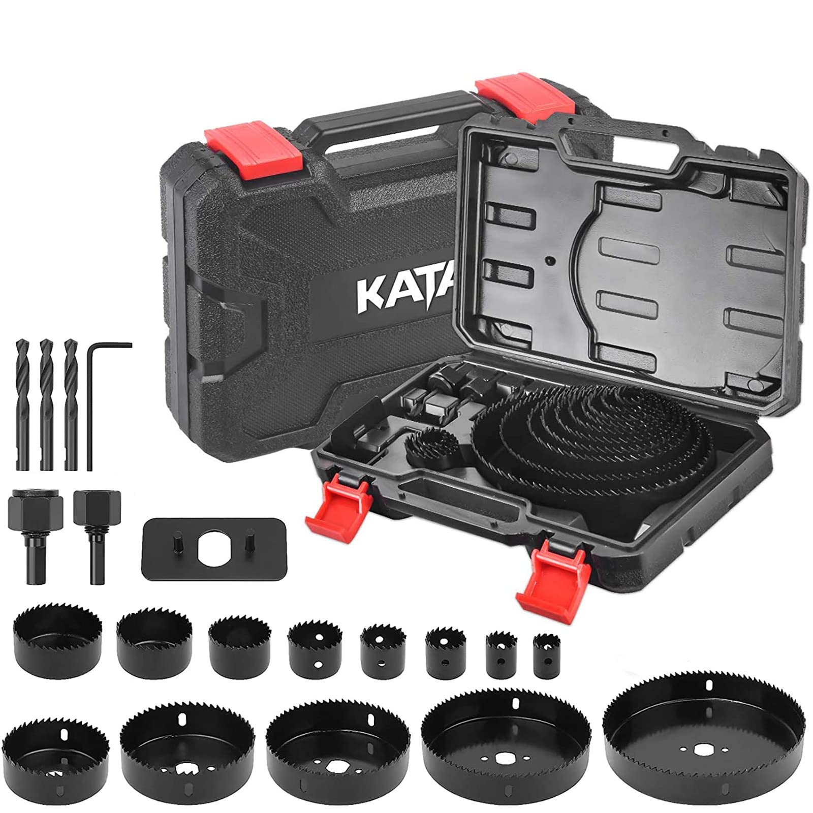 KATA Lochsägen-Set 20-teilig, Lochsägen-Kit mit 13 Sägeblättern von 19-152mm (3/4"-6"), 2 Aufnahmedorne, 3 Bohrern, 1 Montageplatte, 1 Sechskantschlüssel, ideal für Weichholz, Sperrholz, Trockenbau, PVC