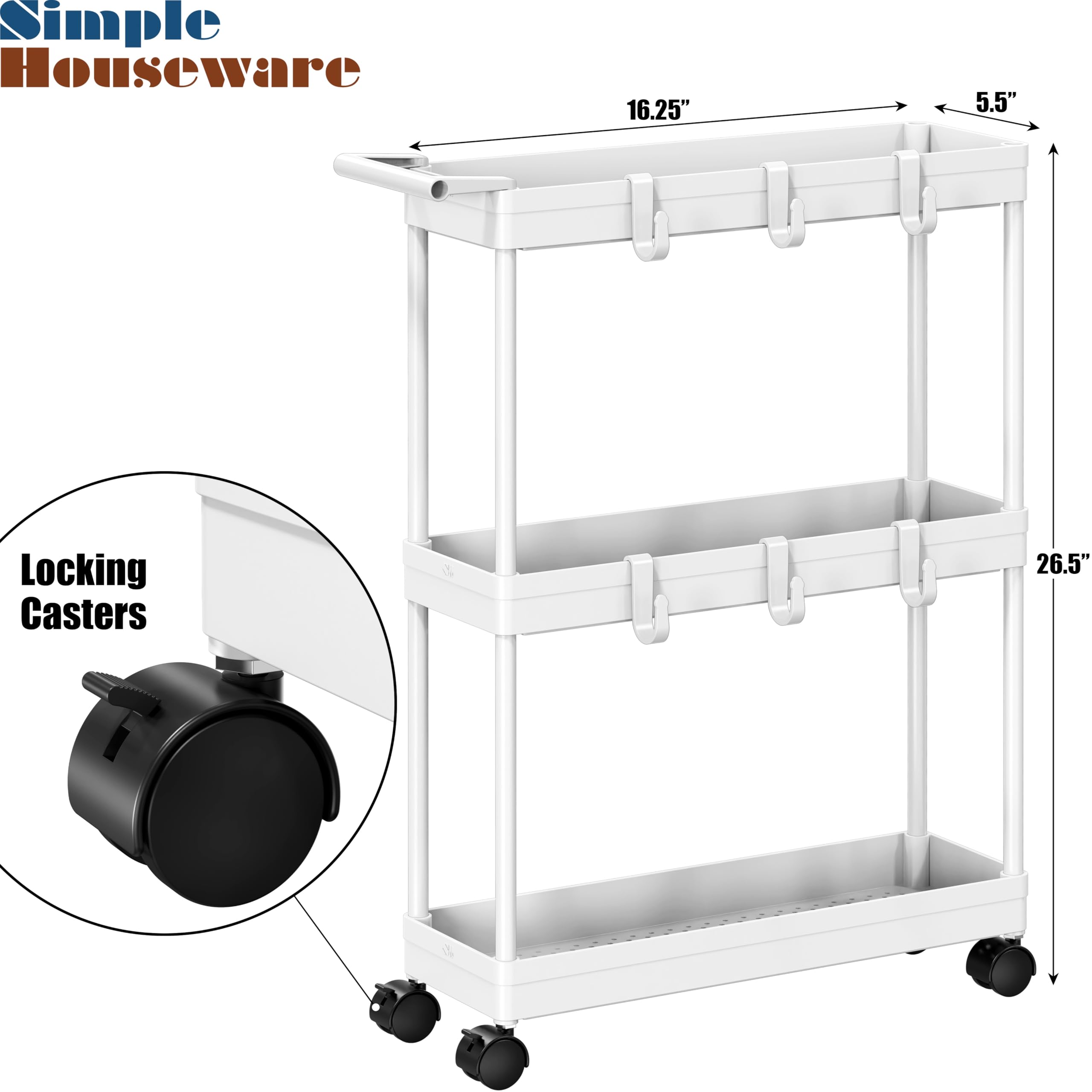 Simple Houseware 3-Tier Slim/Narrow Storage Cart with Handle, 5.5'' Wide x 26.5'' Height Rolling Organizer for Kitchen, Bathroom, Laundry Room - White