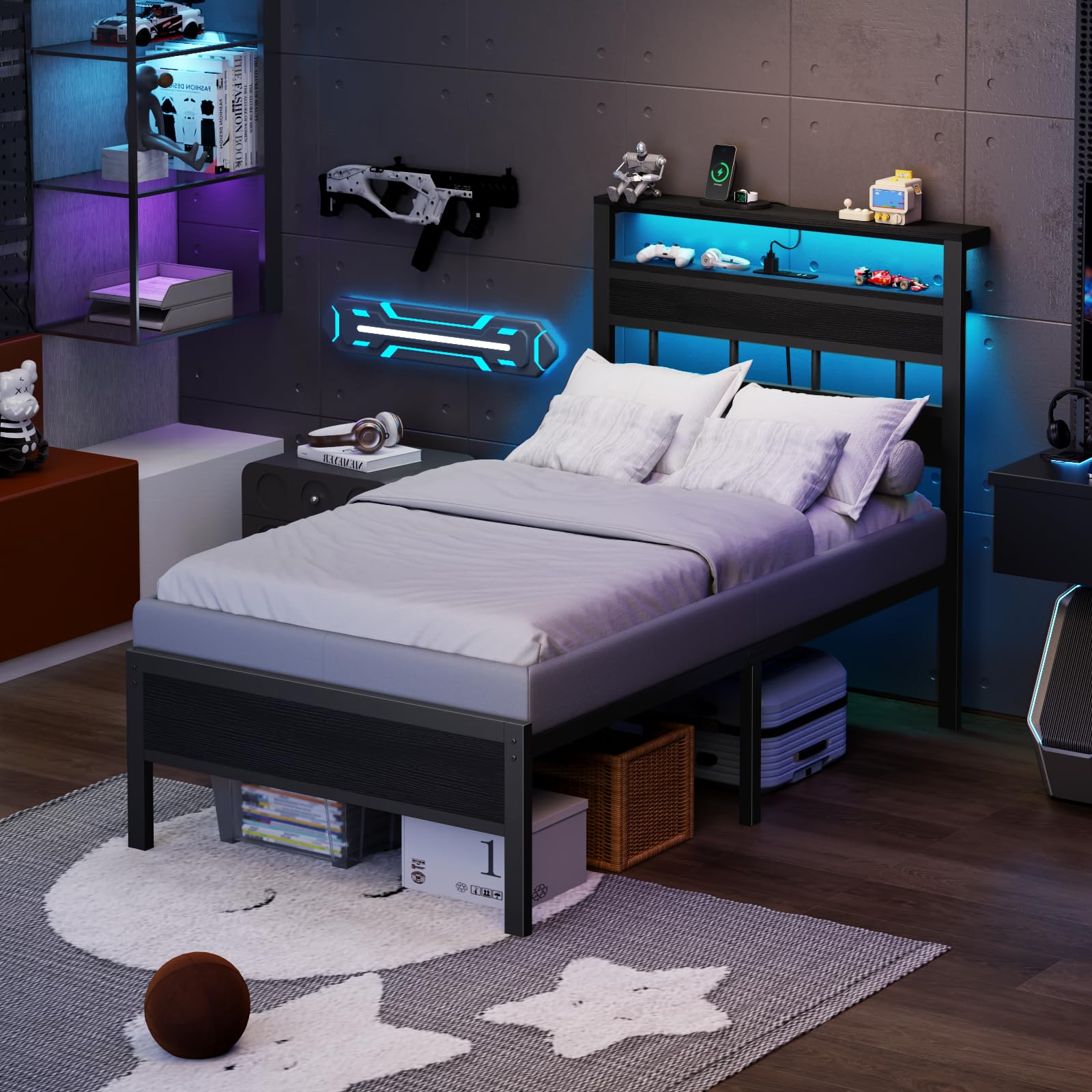Furnulem Twin Bed Frames with Charging Station and LED Lights, Twin Size Platform Bed with Metal Slats, Wood Headboard with 2-Tier Storage Shelves, No Box Spring Needed, Black Oak