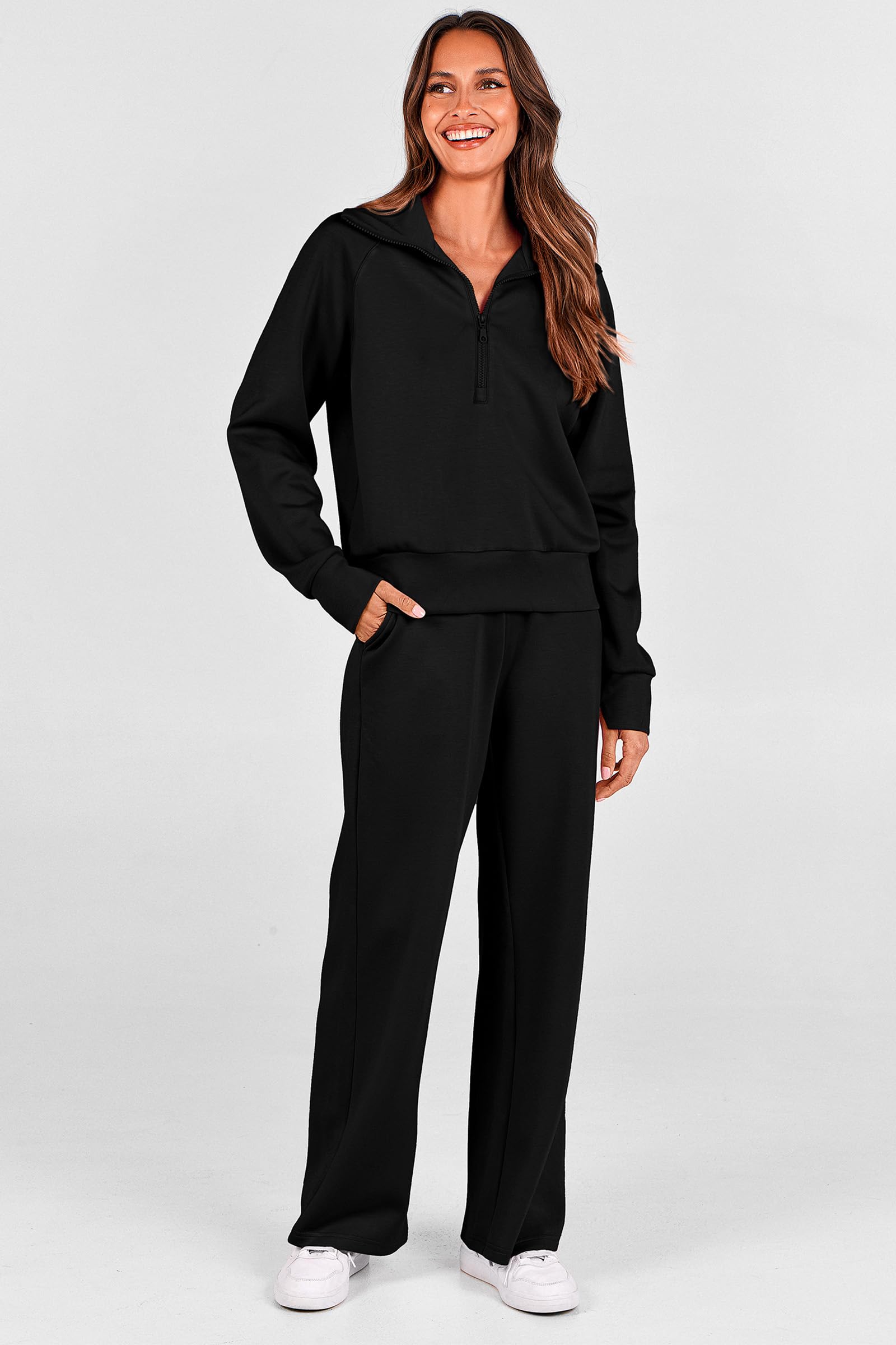 PRETTYGARDEN Women's 2025 Fall Lounge Sets Casual Half Zip Sweatshirt and Wide Leg Pants 2 Piece Outfits Sweatsuit (Black,Small)