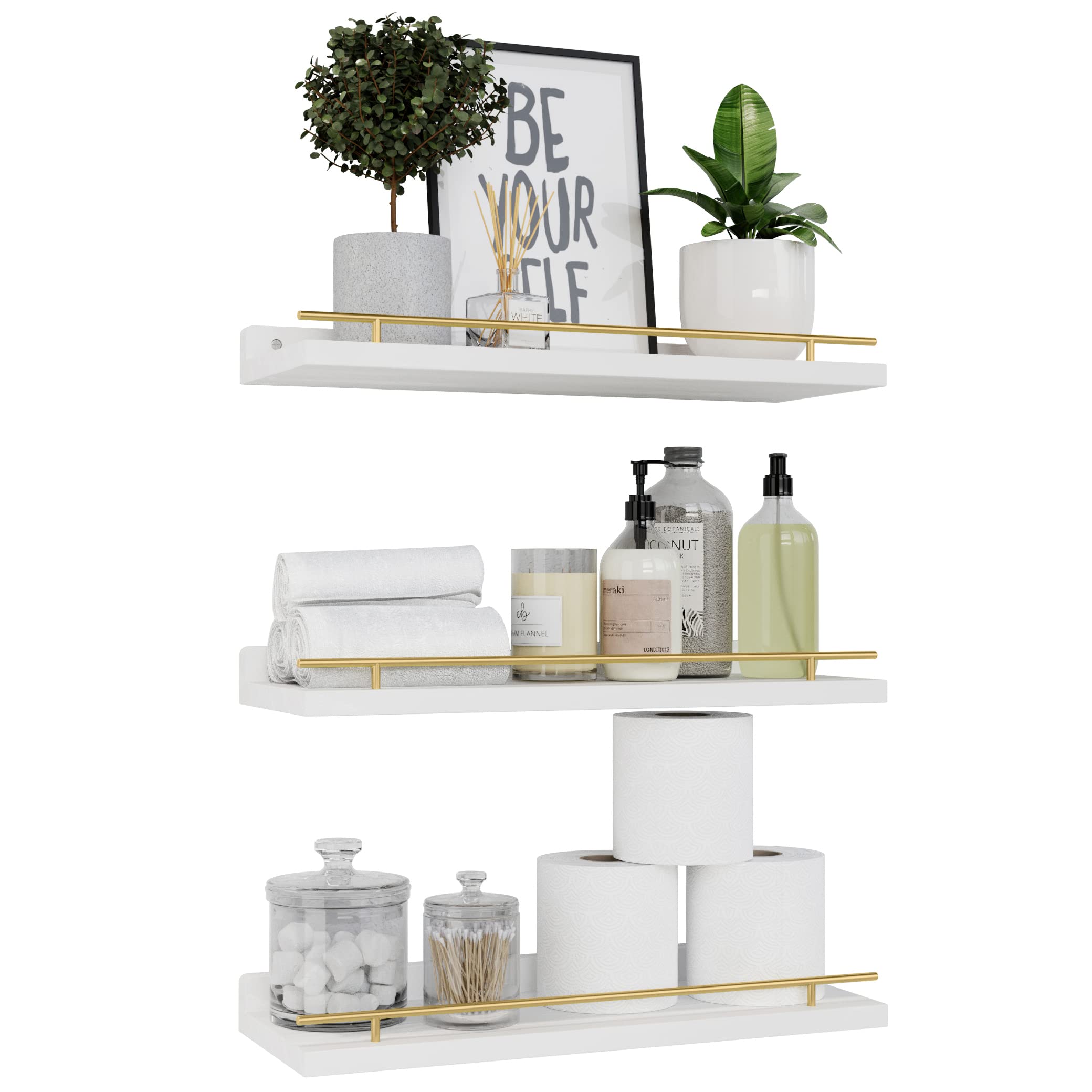 WOPITUES Schweberegale mit goldenem Metallgeländer, 3er-Set Wandregale zur Wanddekoration, Wandregale für Schlafzimmer, Badezimmer, Küche, Wohnzimmer, Pflanzen, Bilderrahmen, Kunst – Weiß und Gold